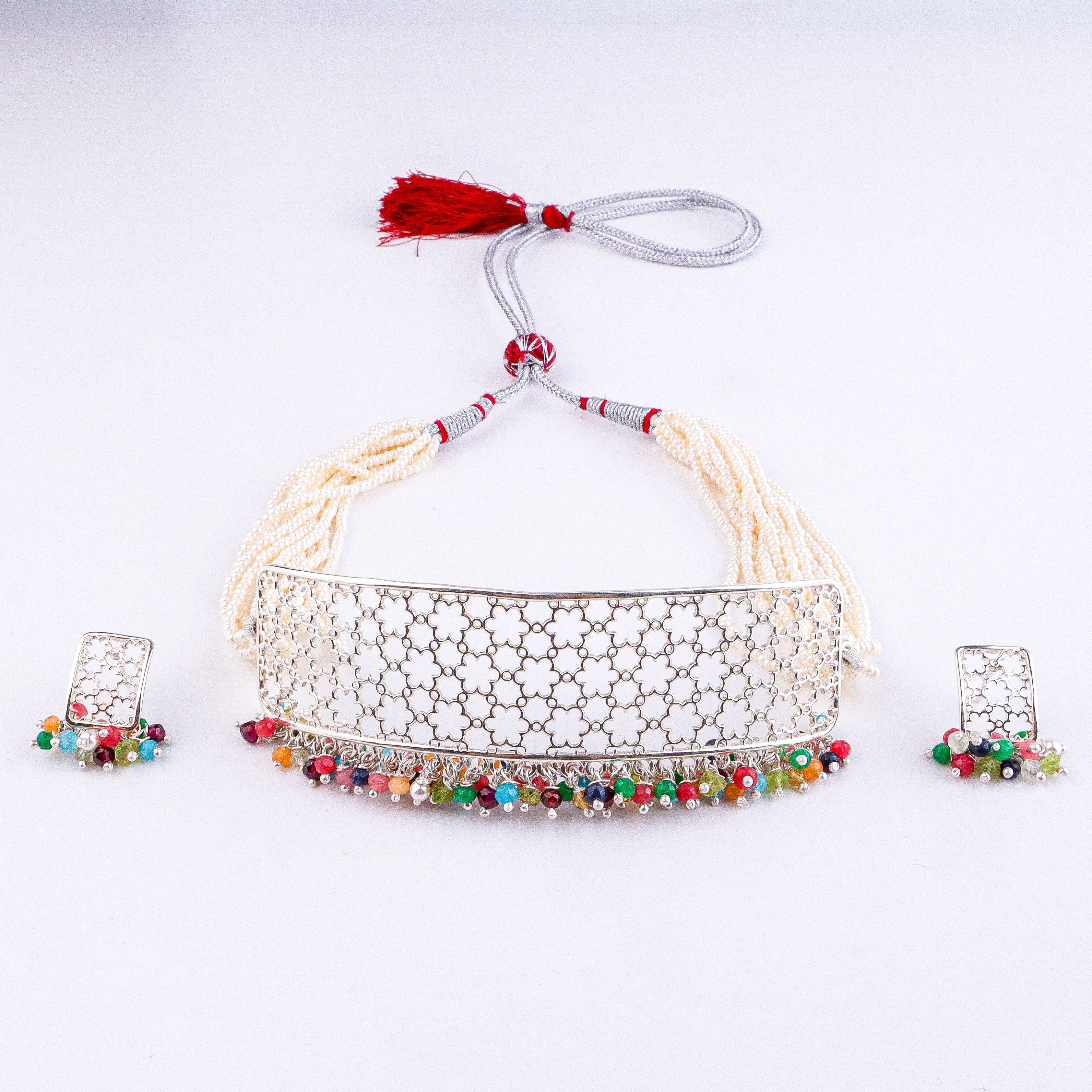 Pearl & Multicolour Bunch Filigree Flower Choker Set
