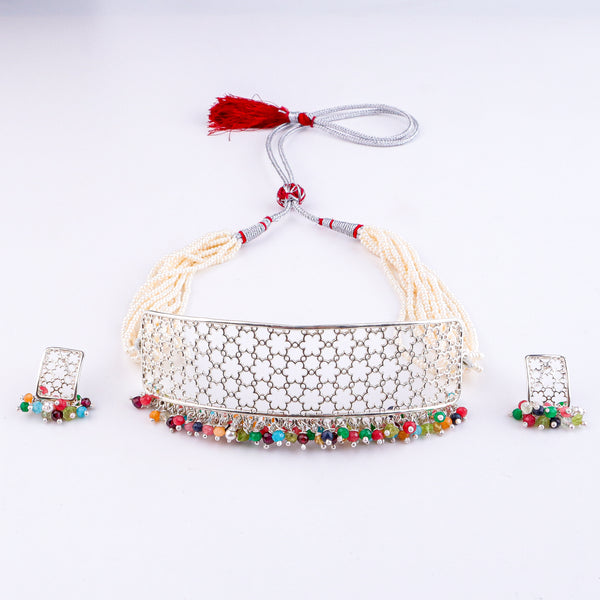 Pearl & Multicolour Bunch Filigree Flower Choker Set