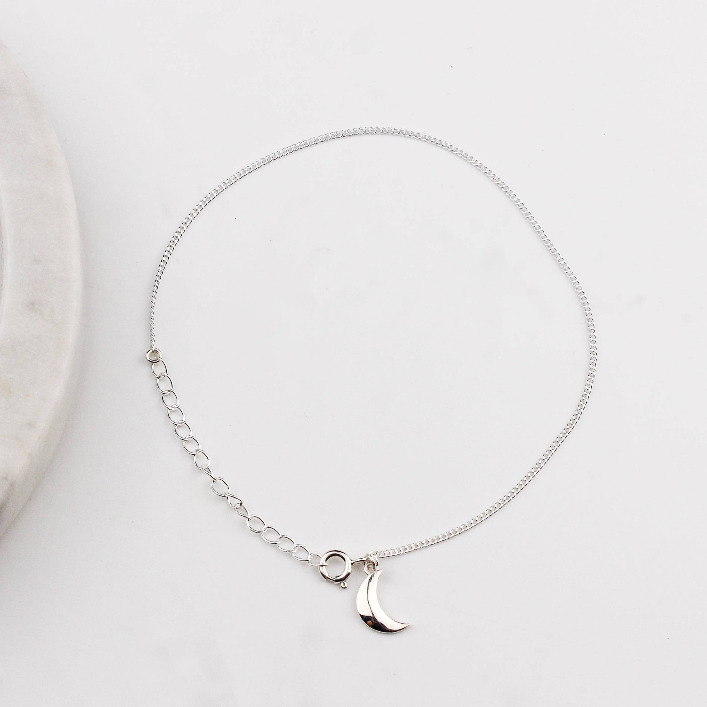 Celestial crescent moon silver anklet for everyday wear