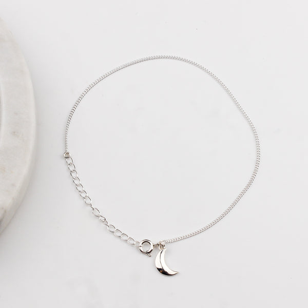 Celestial crescent moon silver anklet for everyday wear
