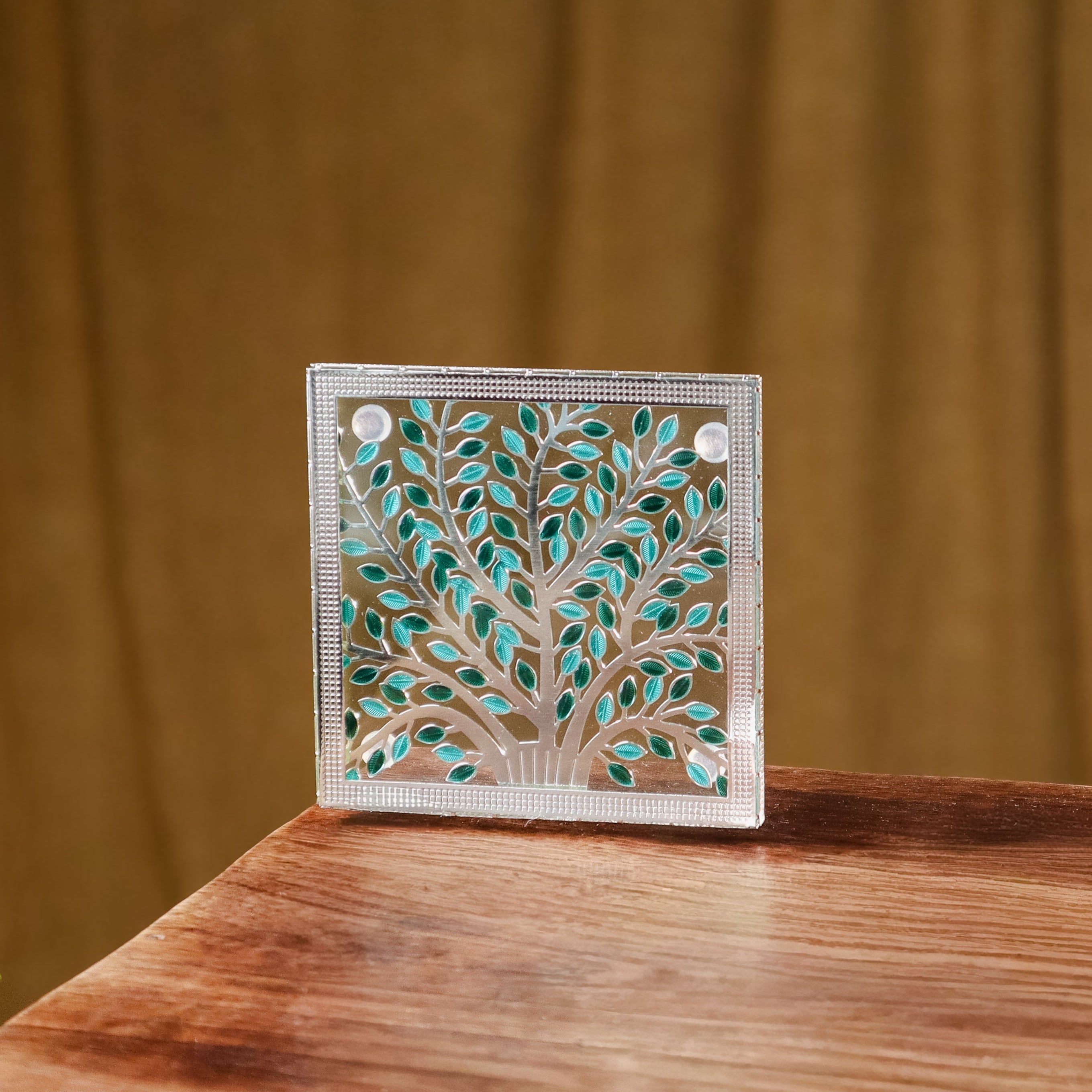 Silver Plated Coaster – Tree of Life (Blue & Green Enamel)
