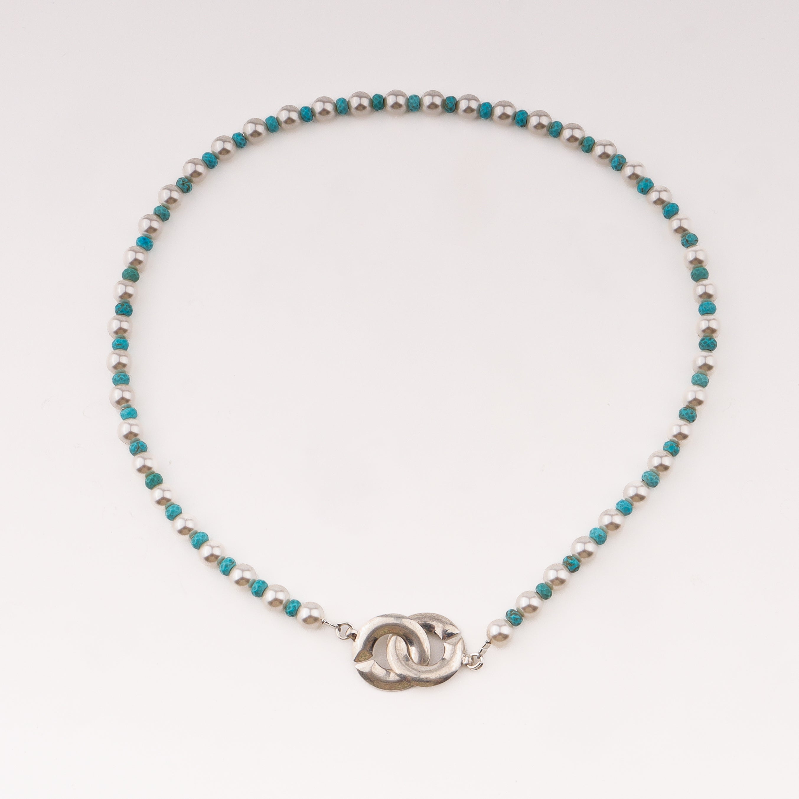 Infinity lock necklace with pearls and terquoise