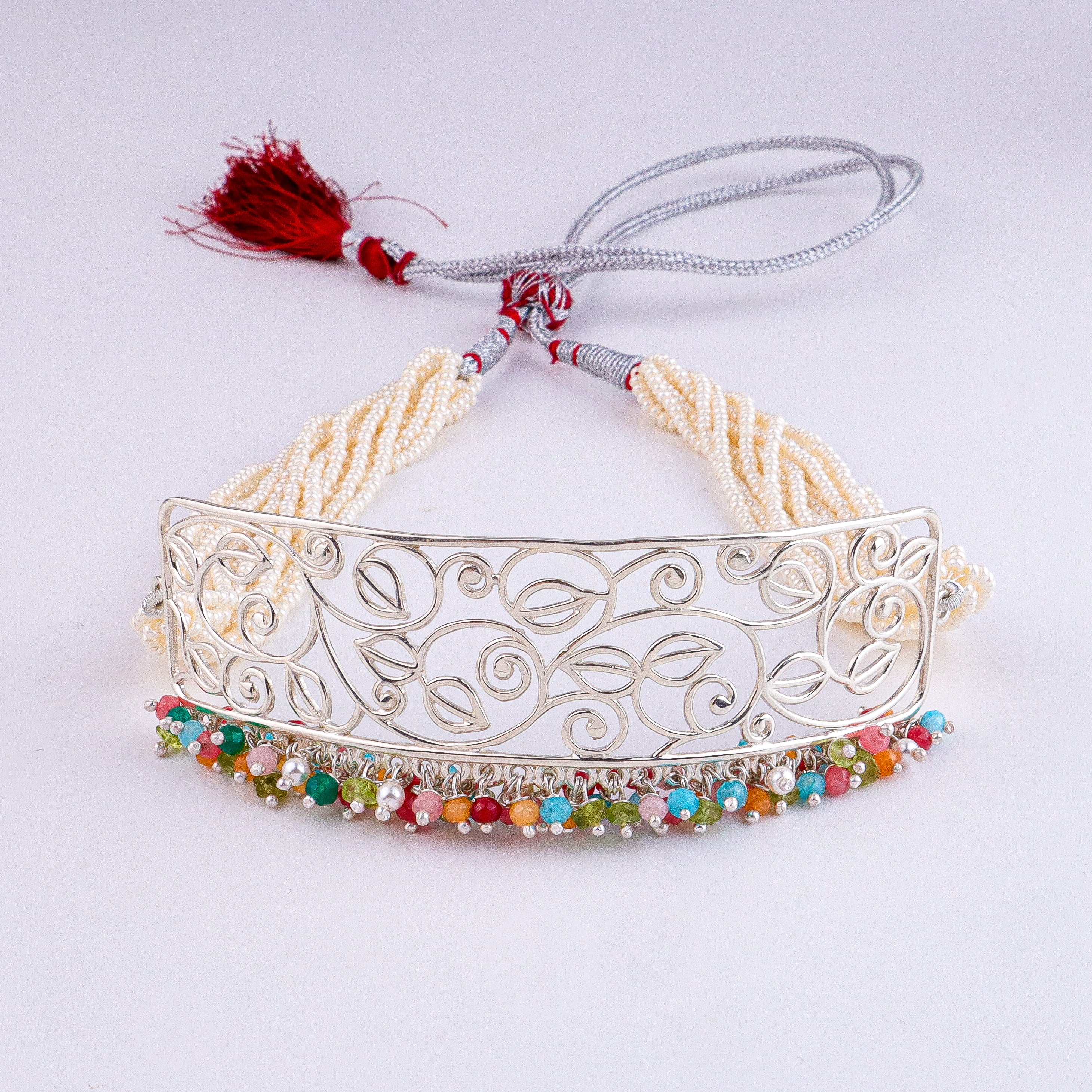 Pearl & Multicolour Bunch Filigree Leaf Choker Set