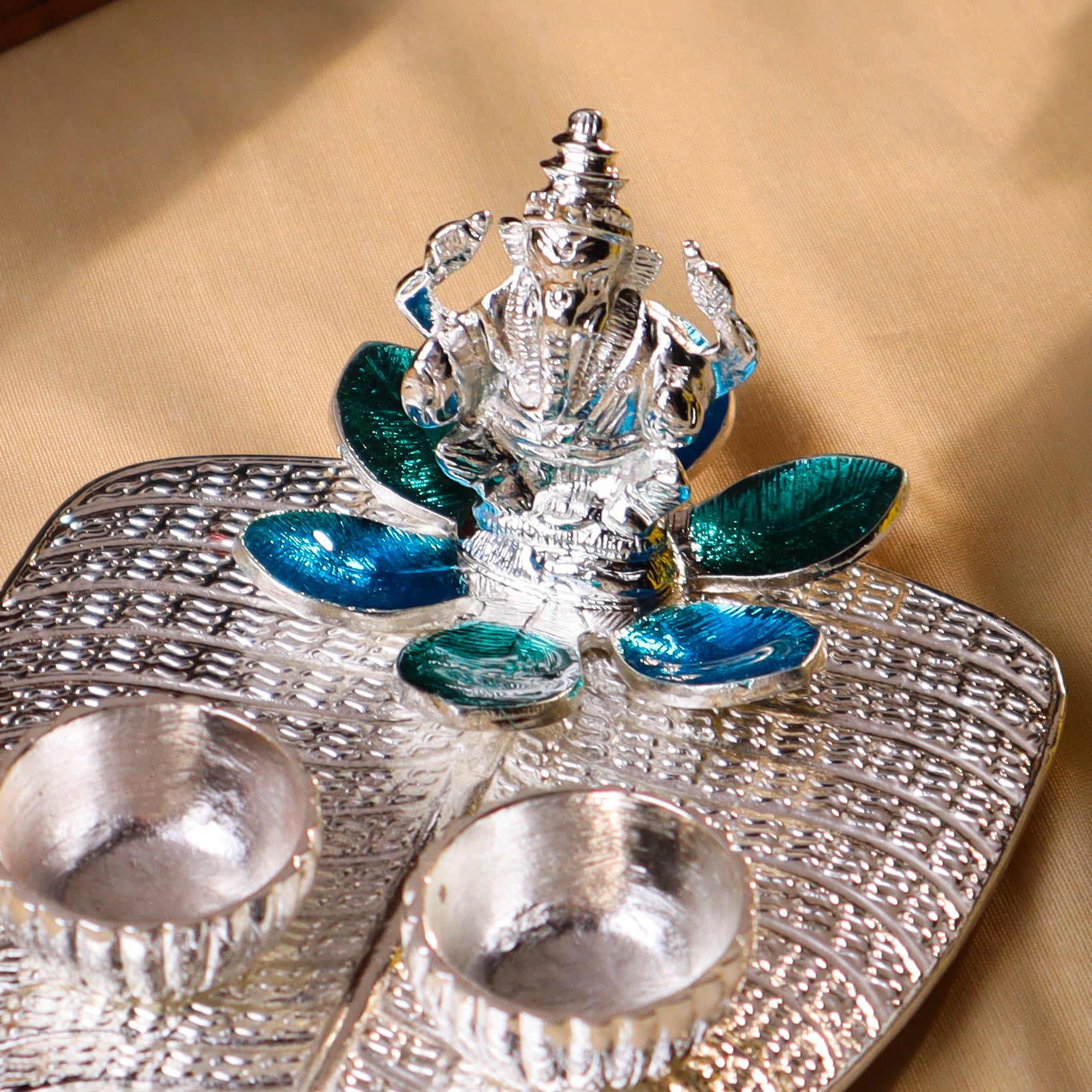 Silver Plated Diya / Karanda (Blue and Green Enamel)