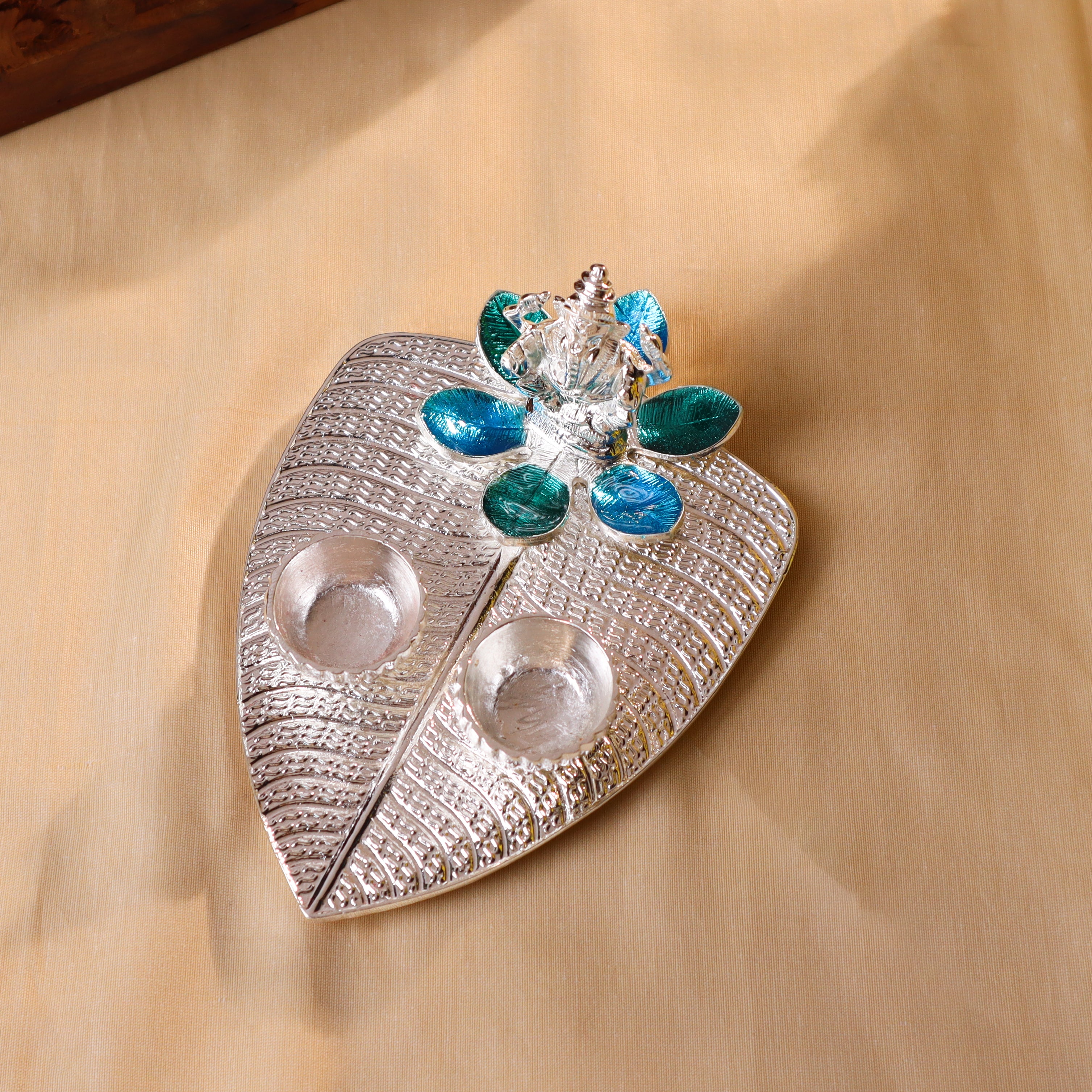 Silver Plated Diya / Karanda (Blue and Green Enamel)