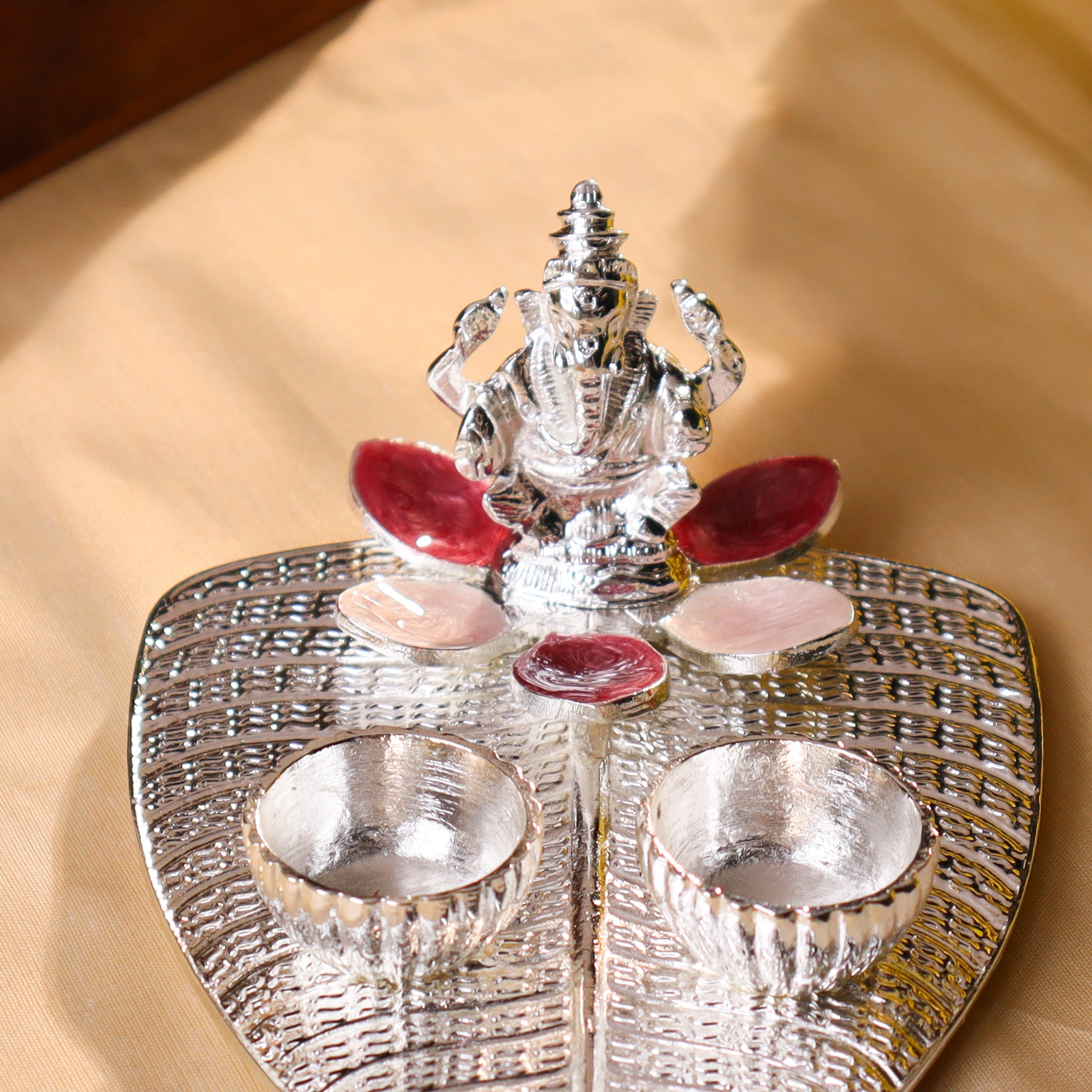 Silver Plated Diya / Karanda (Pink Enamel)