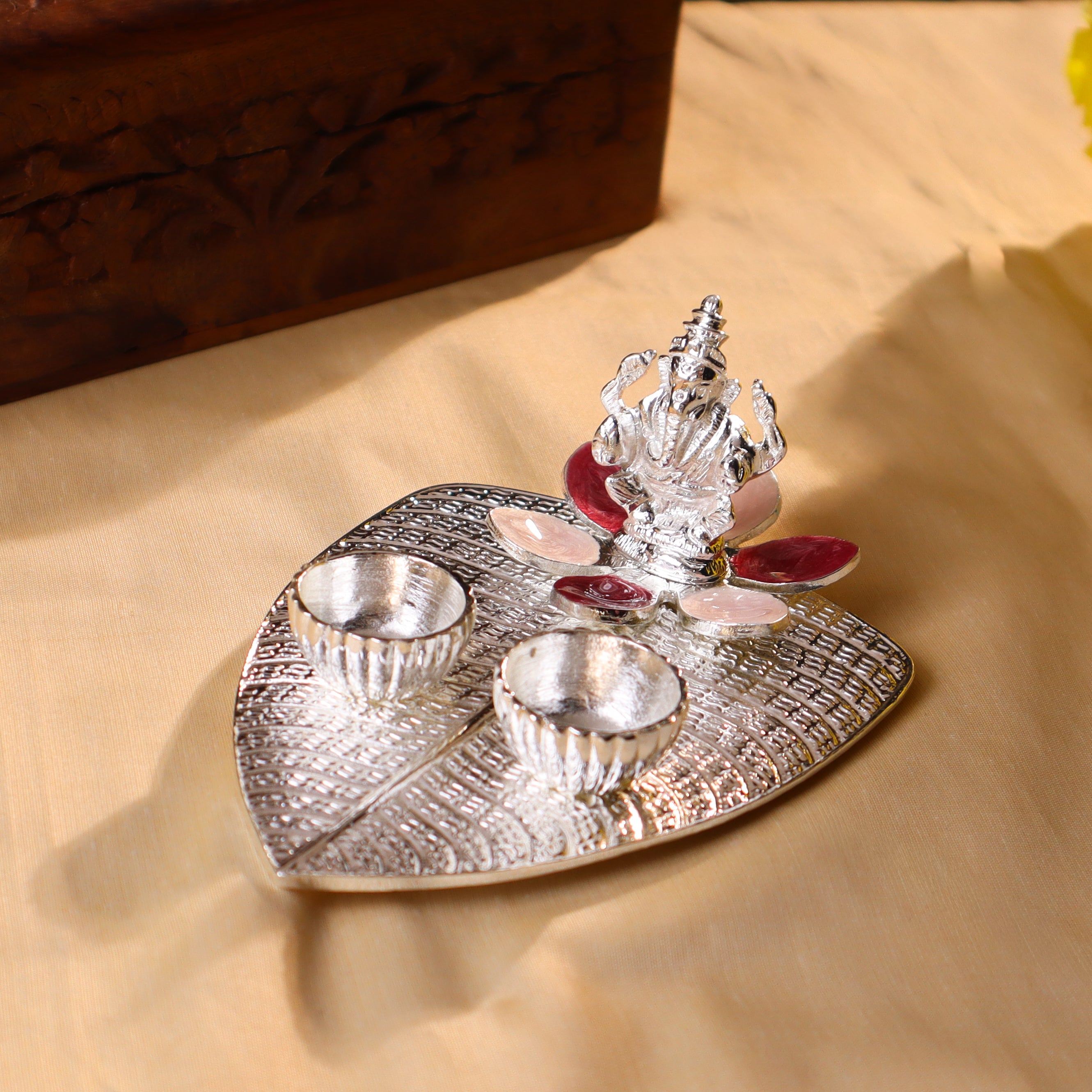 Silver Plated Diya / Karanda (Pink Enamel)