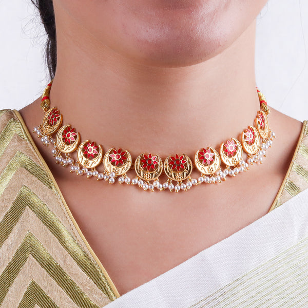 Gold and red enamel necklace with pearls