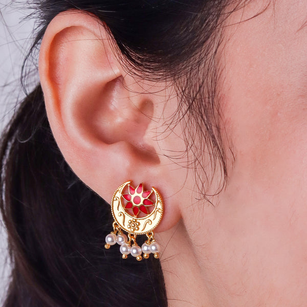 Gold and red floral earring with pearl dangles