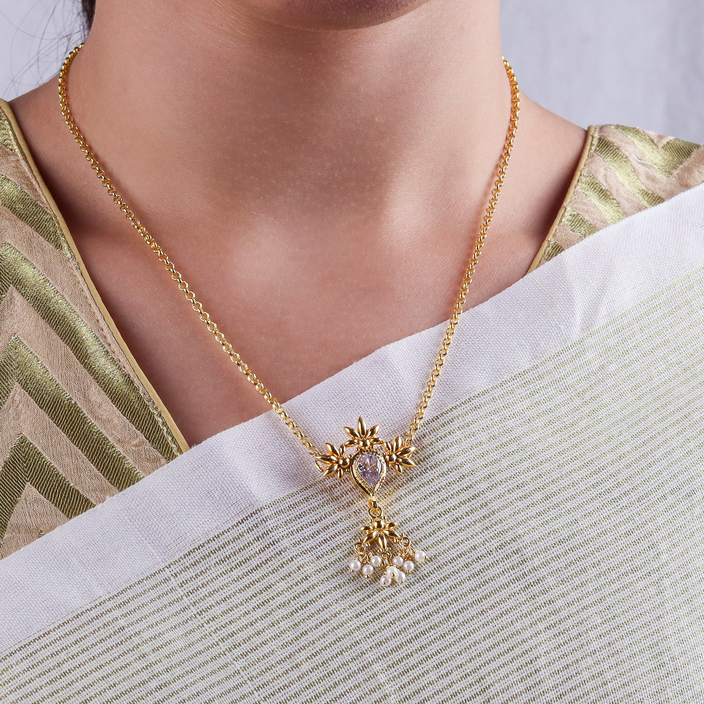 Silver Cz flower tanmani set with pearls | 92.5 Silver | 22K Gold Plated