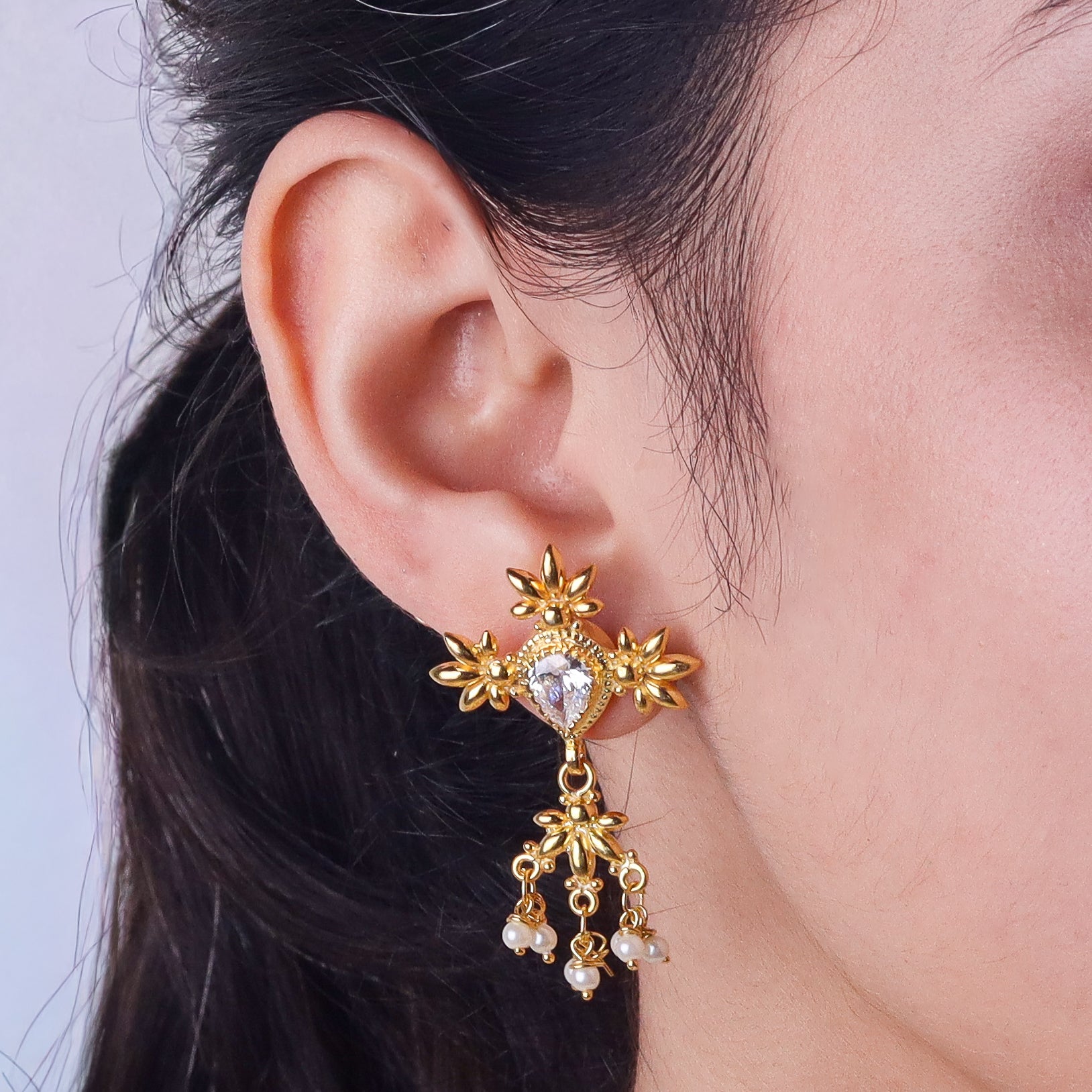 Silver Cz flower tanmani set with pearls (3 Leaf) | 92.5 Silver | 22K Gold Plated