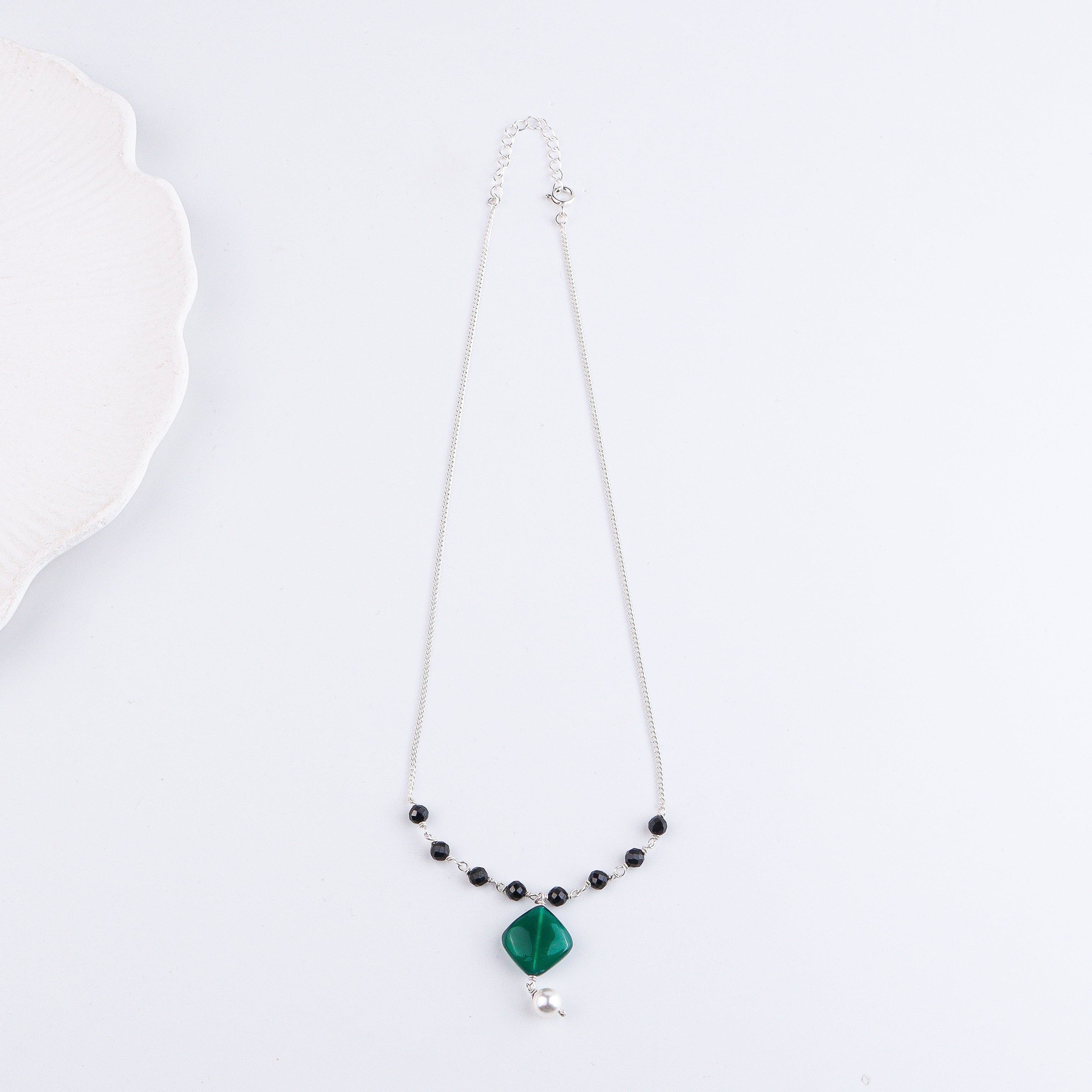 Green Onyx, Black Spinel & Pearl Silver Chain Mangalsutra (Project Handmade)