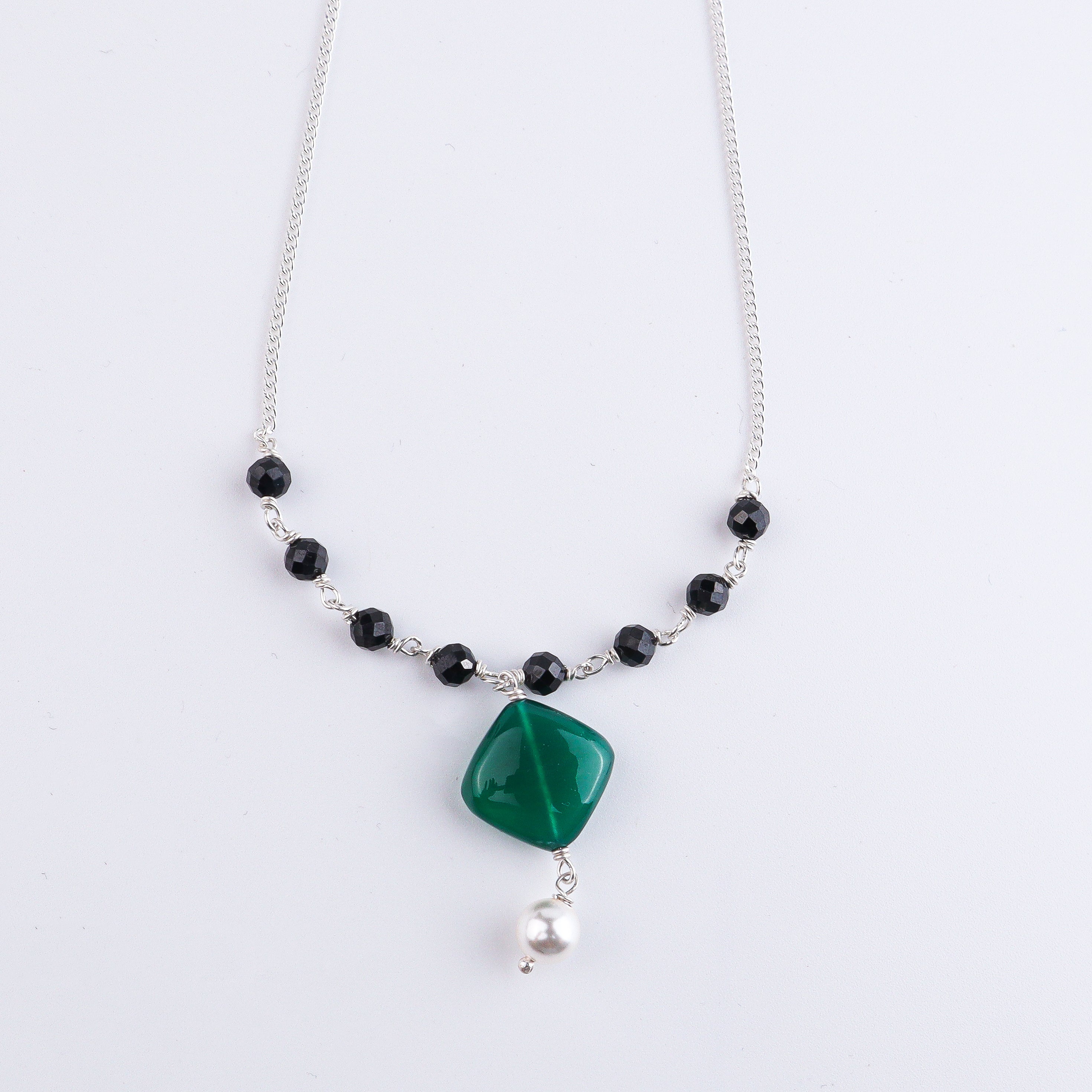 Green Onyx, Black Spinel & Pearl Silver Chain Mangalsutra (Project Handmade)