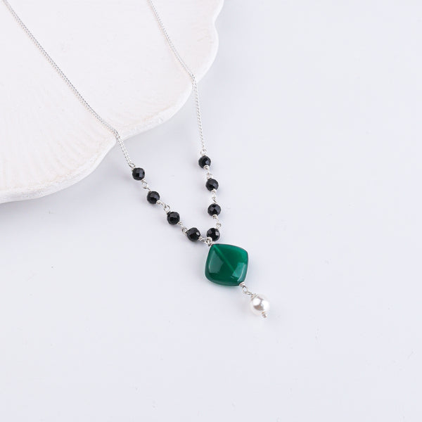 Green Onyx, Black Spinel & Pearl Silver Chain Mangalsutra (Project Handmade)