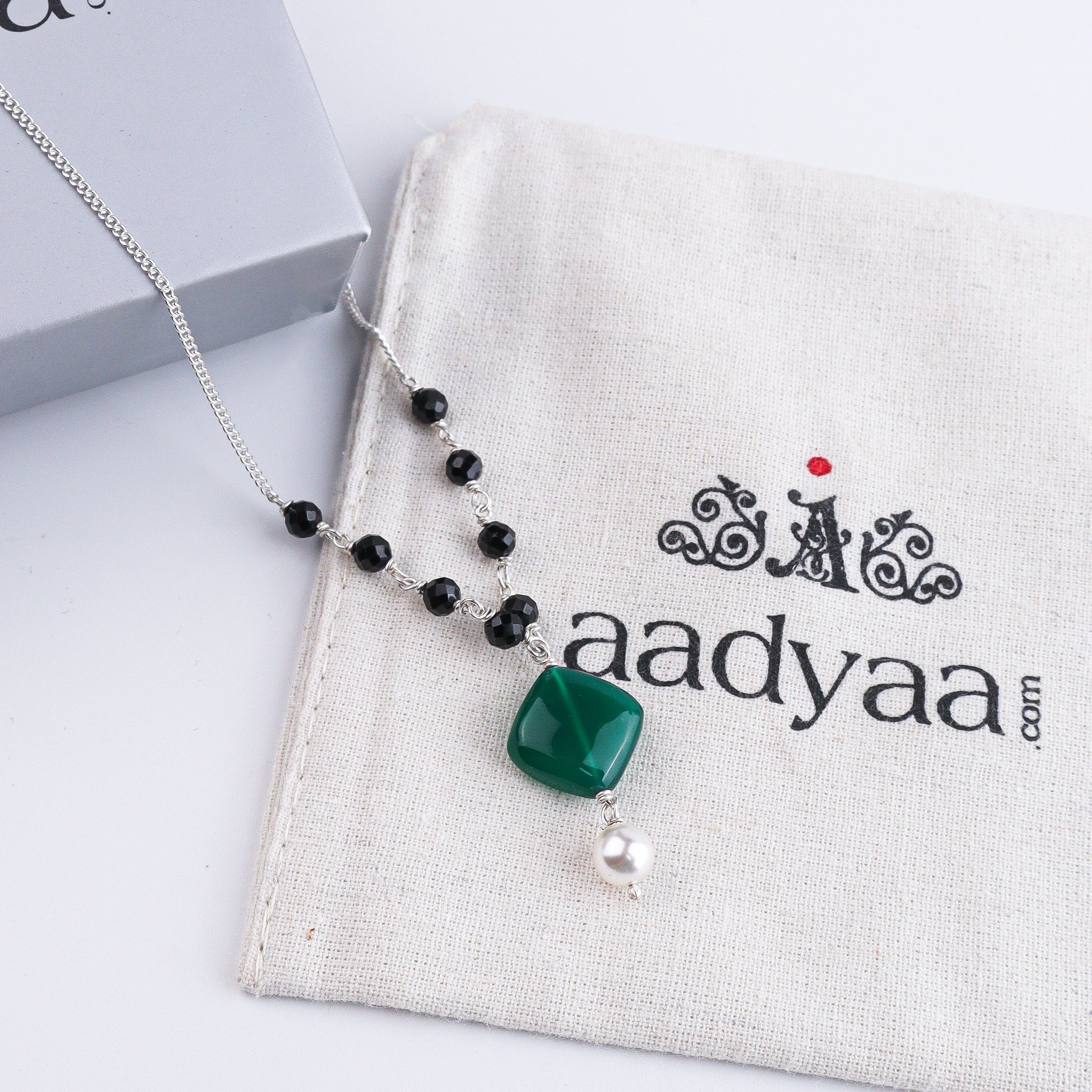 Green Onyx, Black Spinel & Pearl Silver Chain Mangalsutra (Project Handmade)