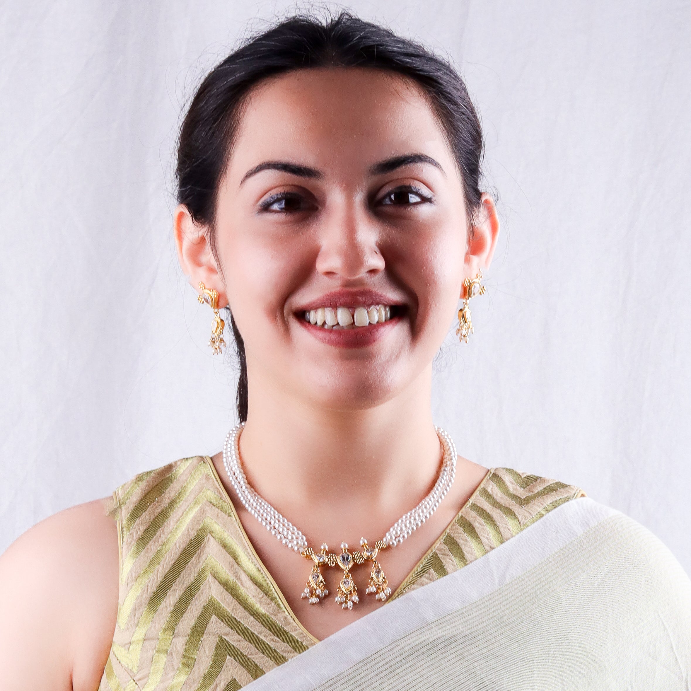 Silver Cz kudi tanmani set with pearls (3 Leaf) | 92.5 Silver | 22K Gold Plated