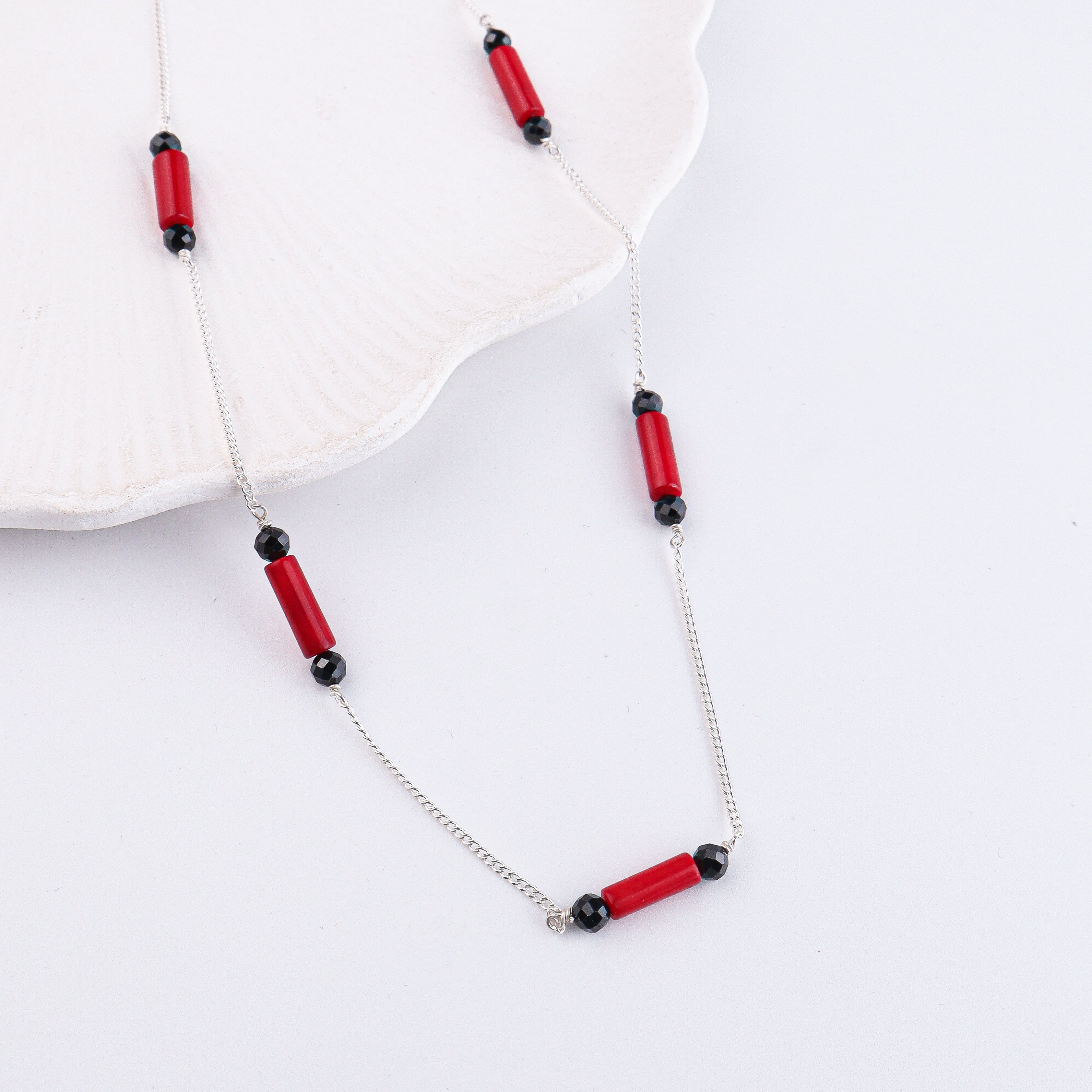 Coral & Black Spinel Silver Chain Mangalsutra (Project Handmade)