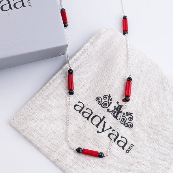 Coral & Black Spinel Silver Chain Mangalsutra (Project Handmade)