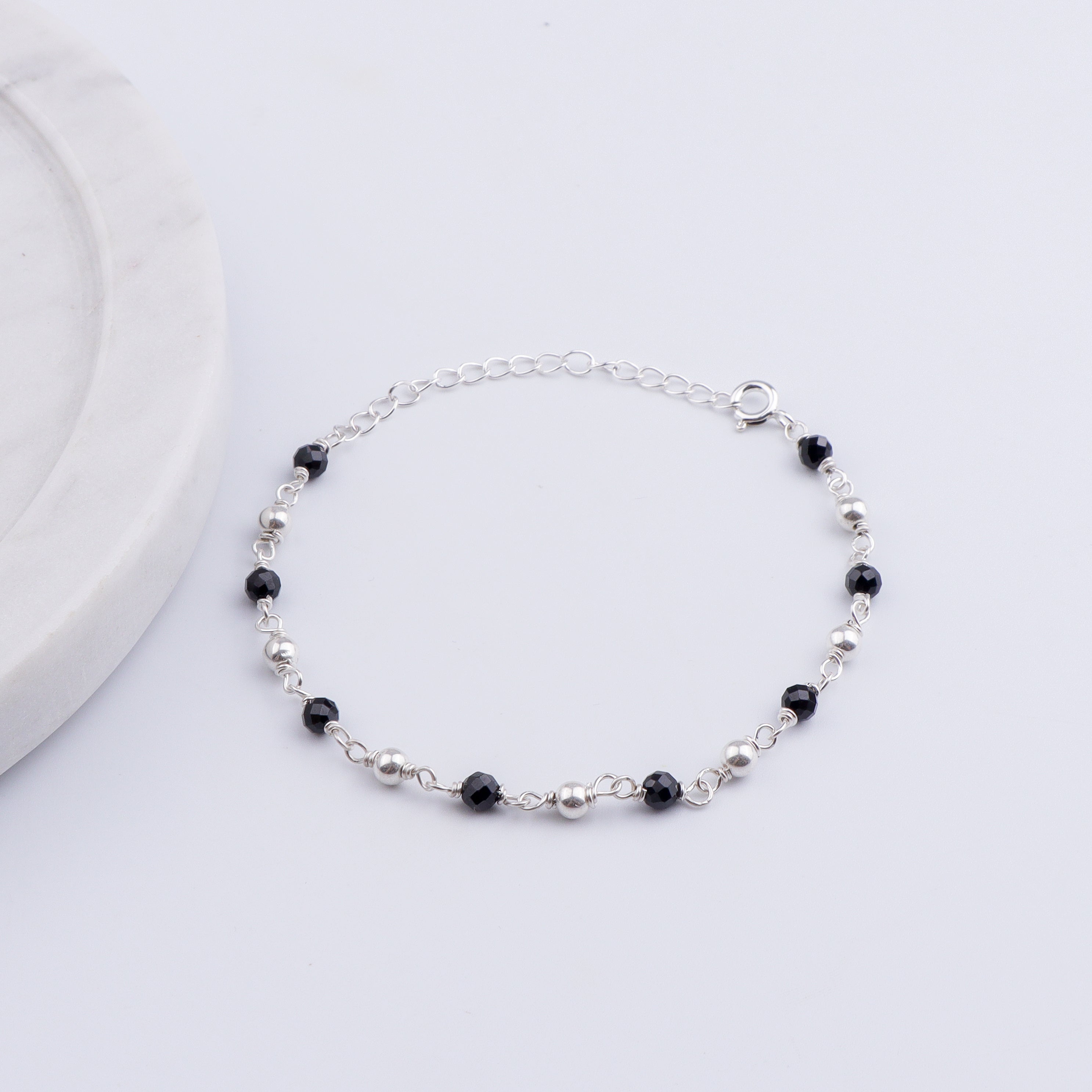 Silver Bracelet Black Spinel & Silver Beads