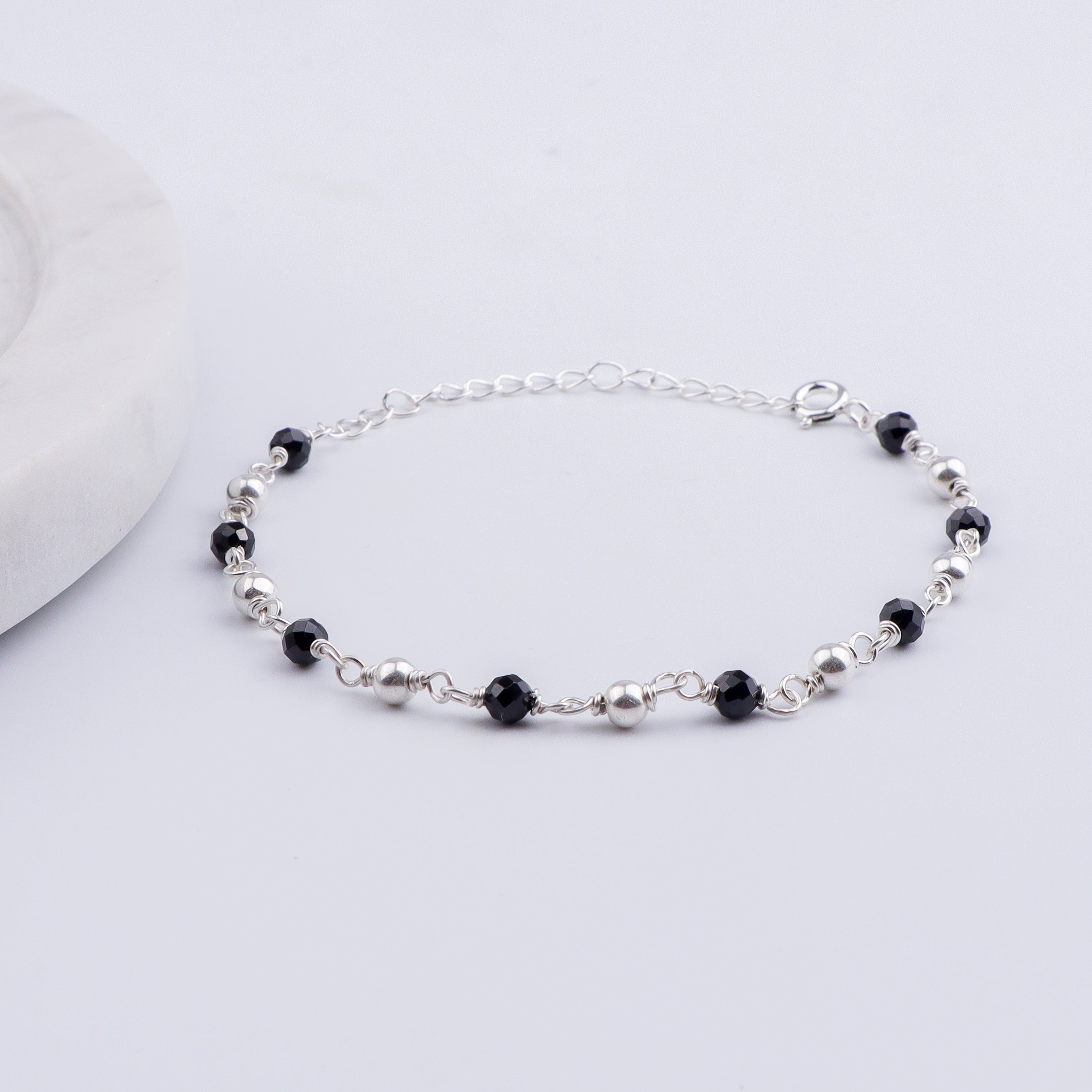 Silver Bracelet Black Spinel & Silver Beads