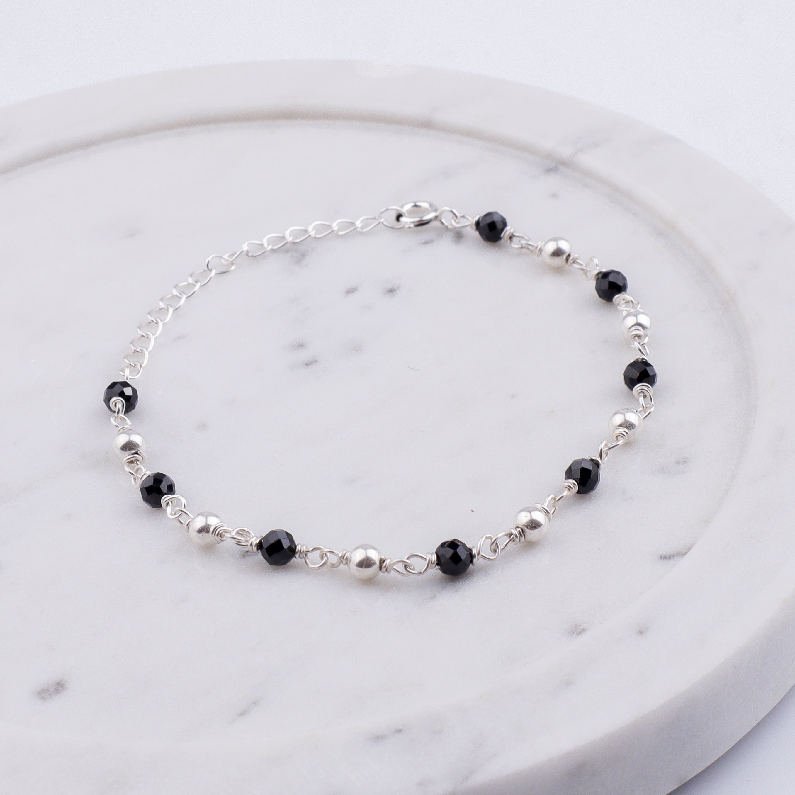 Silver Bracelet Black Spinel & Silver Beads