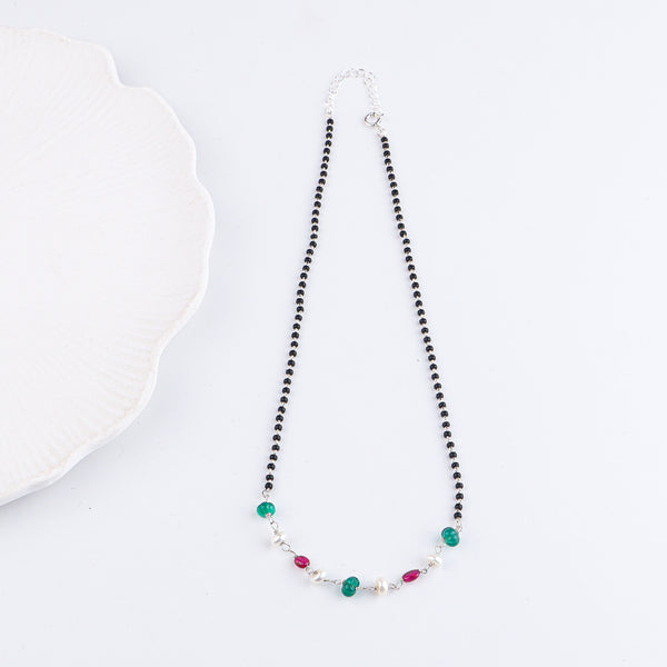 Rubies, Green Onyx & Pearl Silver Mangalsutra (Project Handmade)