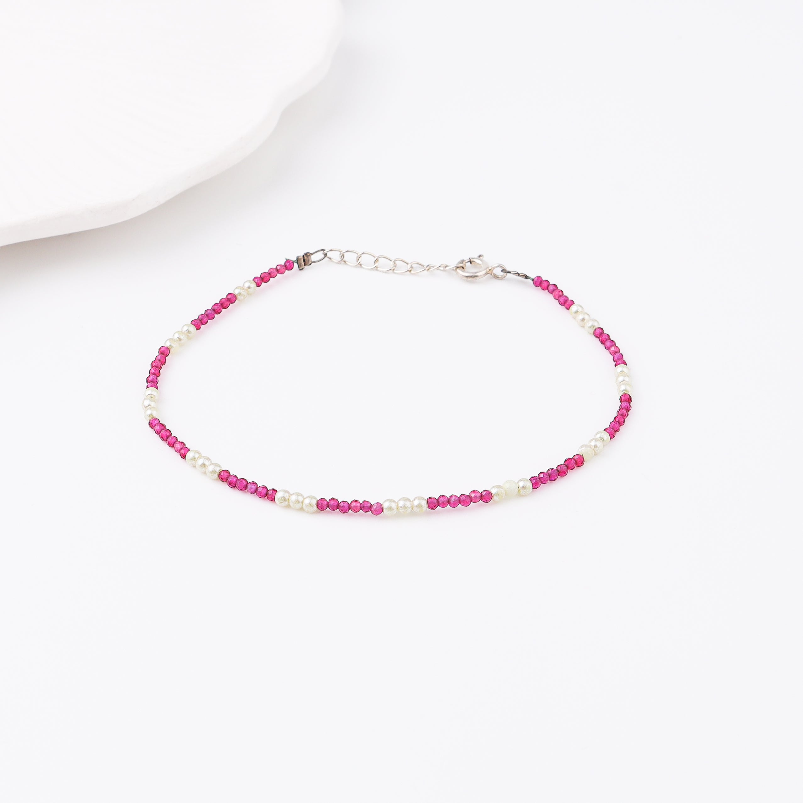 Semi precious stone bracelet in silver wire ( Lab made rubies and pearls )