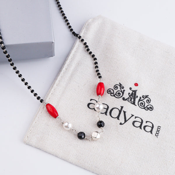 Coral, Pearl, Black Spinel & Ashtapailu Bead Silver Mangalsutra (Project Handmade)