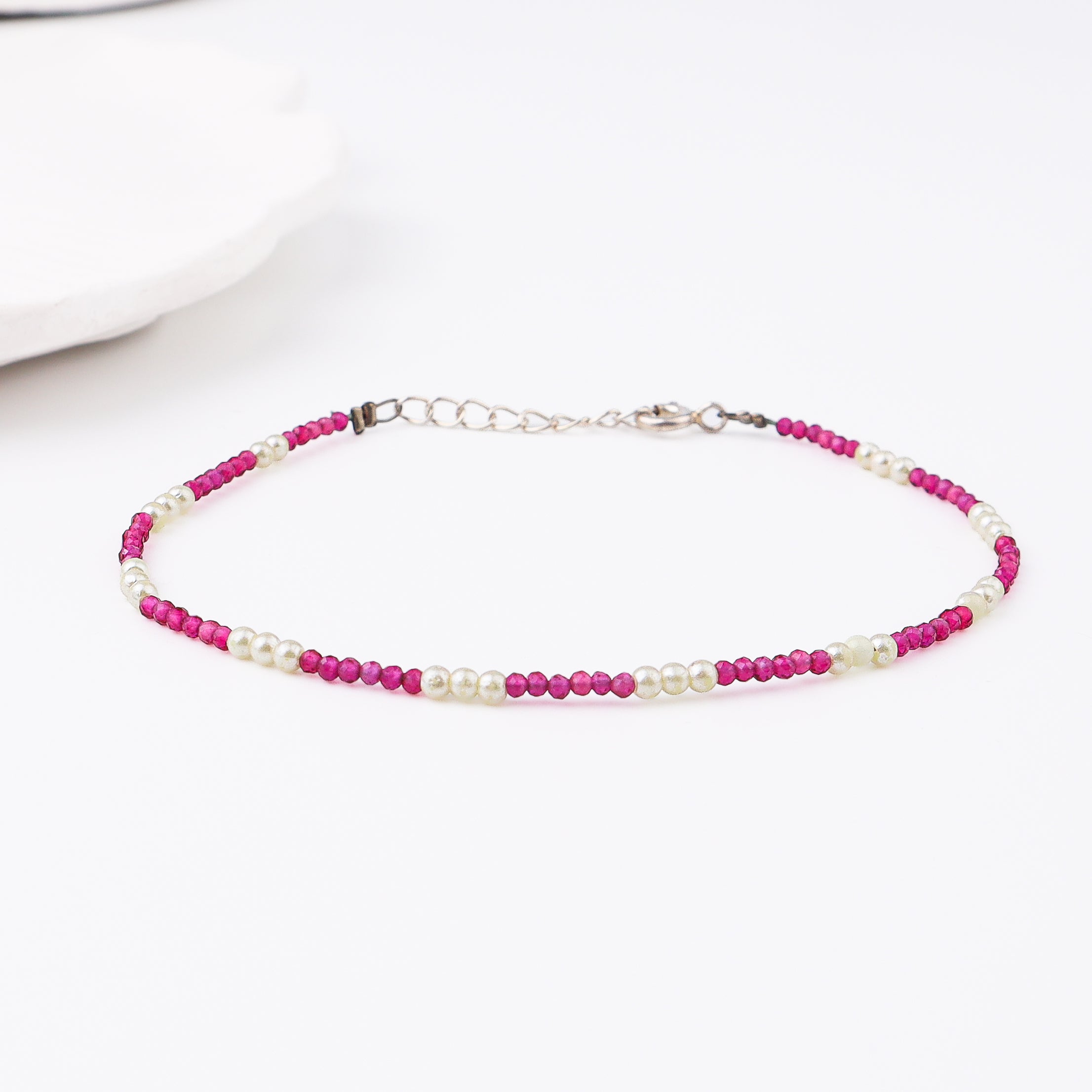 Semi precious stone bracelet in silver wire ( Lab made rubies and pearls )