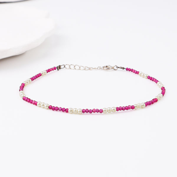 Semi precious stone bracelet in silver wire ( Lab made rubies and pearls )