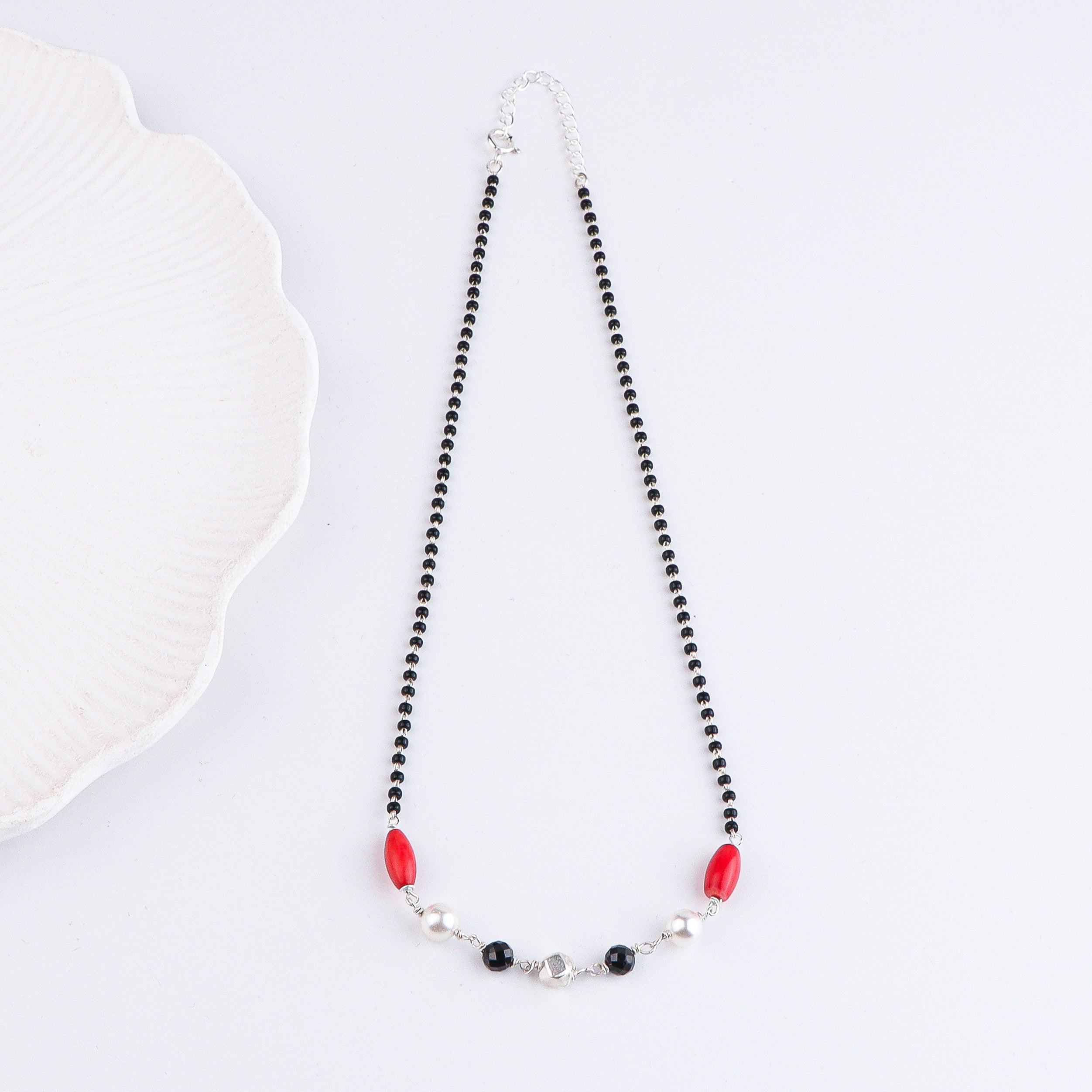 Coral, Pearl, Black Spinel & Ashtapailu Bead Silver Mangalsutra (Project Handmade)