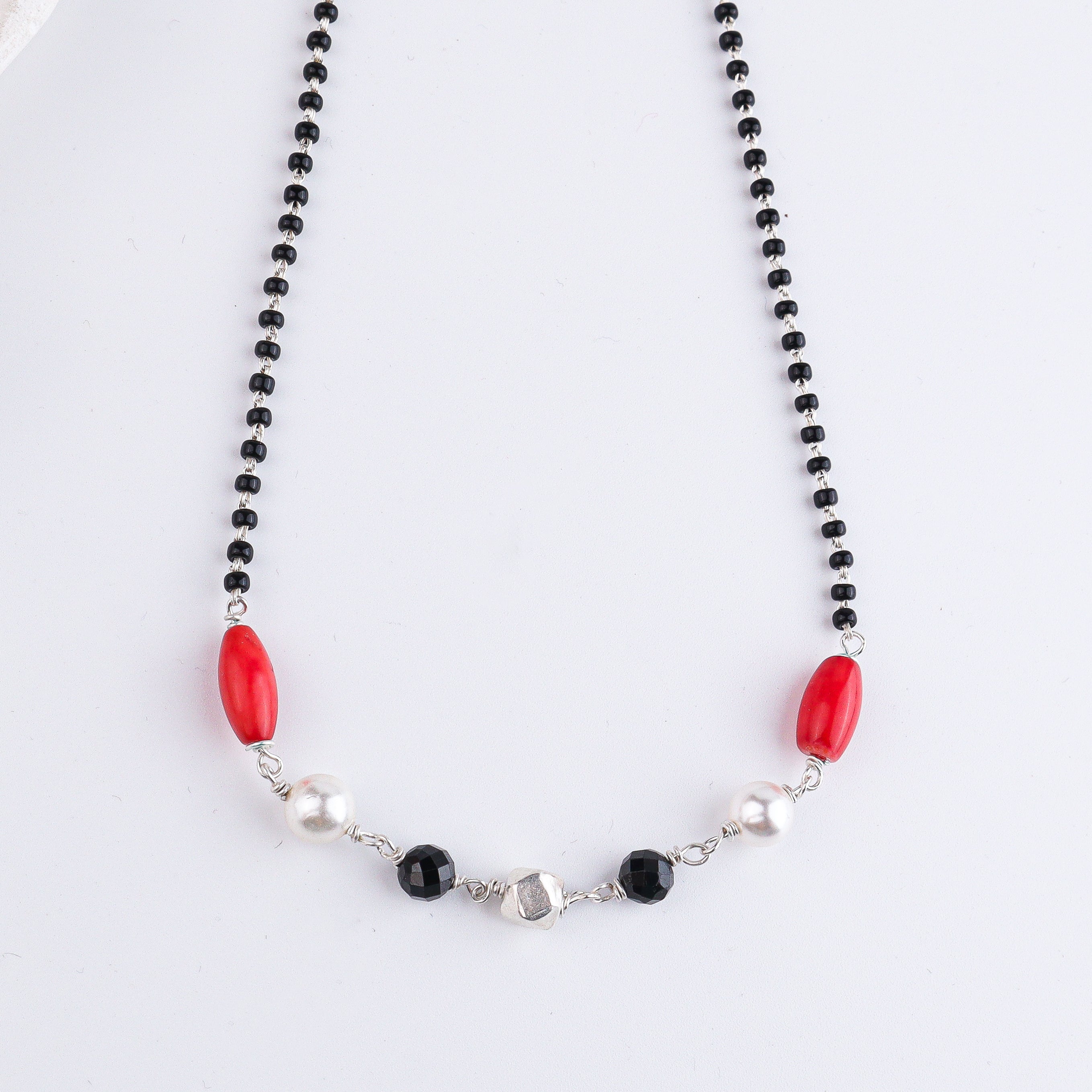 Coral, Pearl, Black Spinel & Ashtapailu Bead Silver Mangalsutra (Project Handmade)