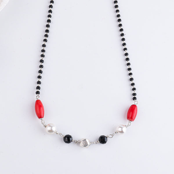 Coral, Pearl, Black Spinel & Ashtapailu Bead Silver Mangalsutra (Project Handmade)