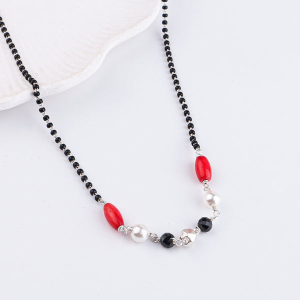 Coral, Pearl, Black Spinel & Ashtapailu Bead Silver Mangalsutra (Project Handmade)