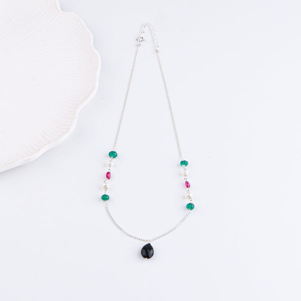 Green Onyx, Pearl, Black Spinel & Rubies Silver Chain Mangalsutra (Project Handmade)