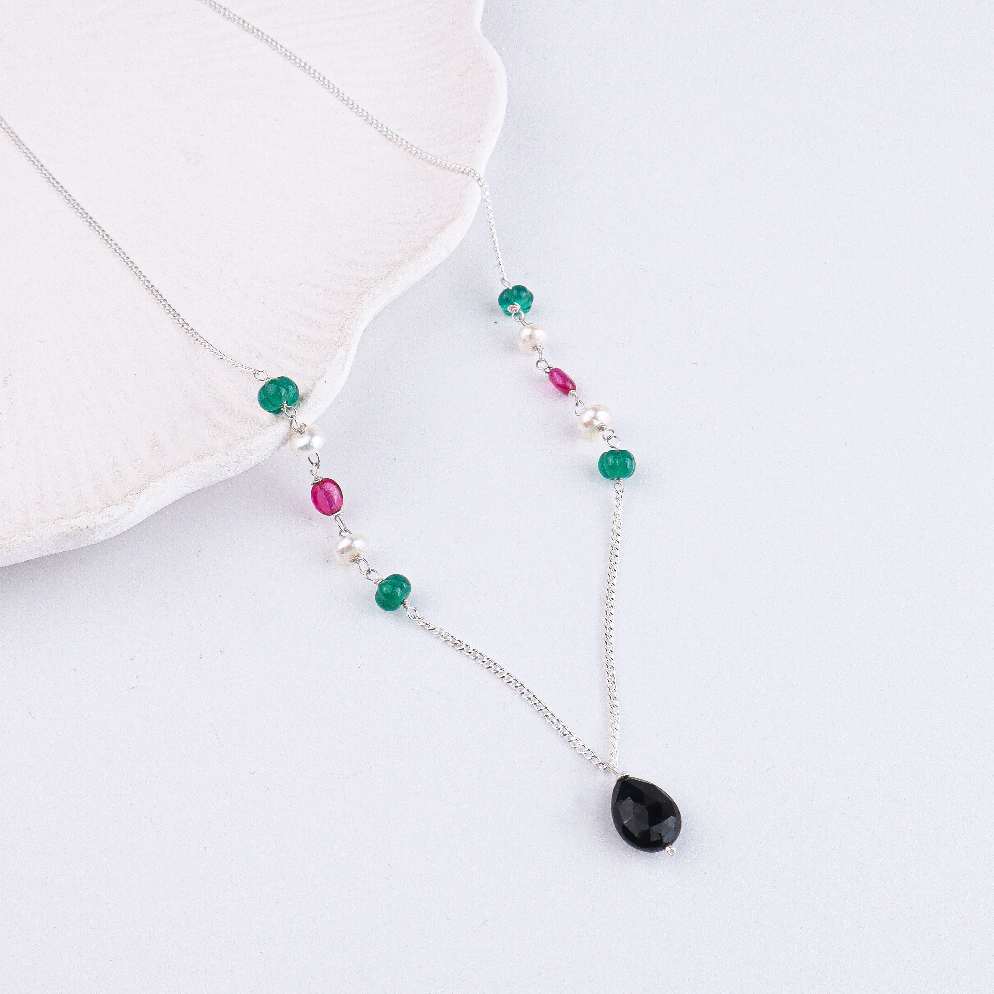 Green Onyx, Pearl, Black Spinel & Rubies Silver Chain Mangalsutra (Project Handmade)