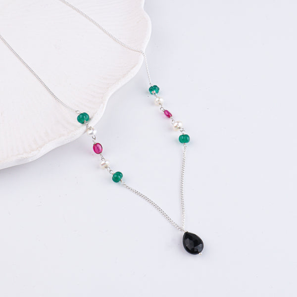 Green Onyx, Pearl, Black Spinel & Rubies Silver Chain Mangalsutra (Project Handmade)