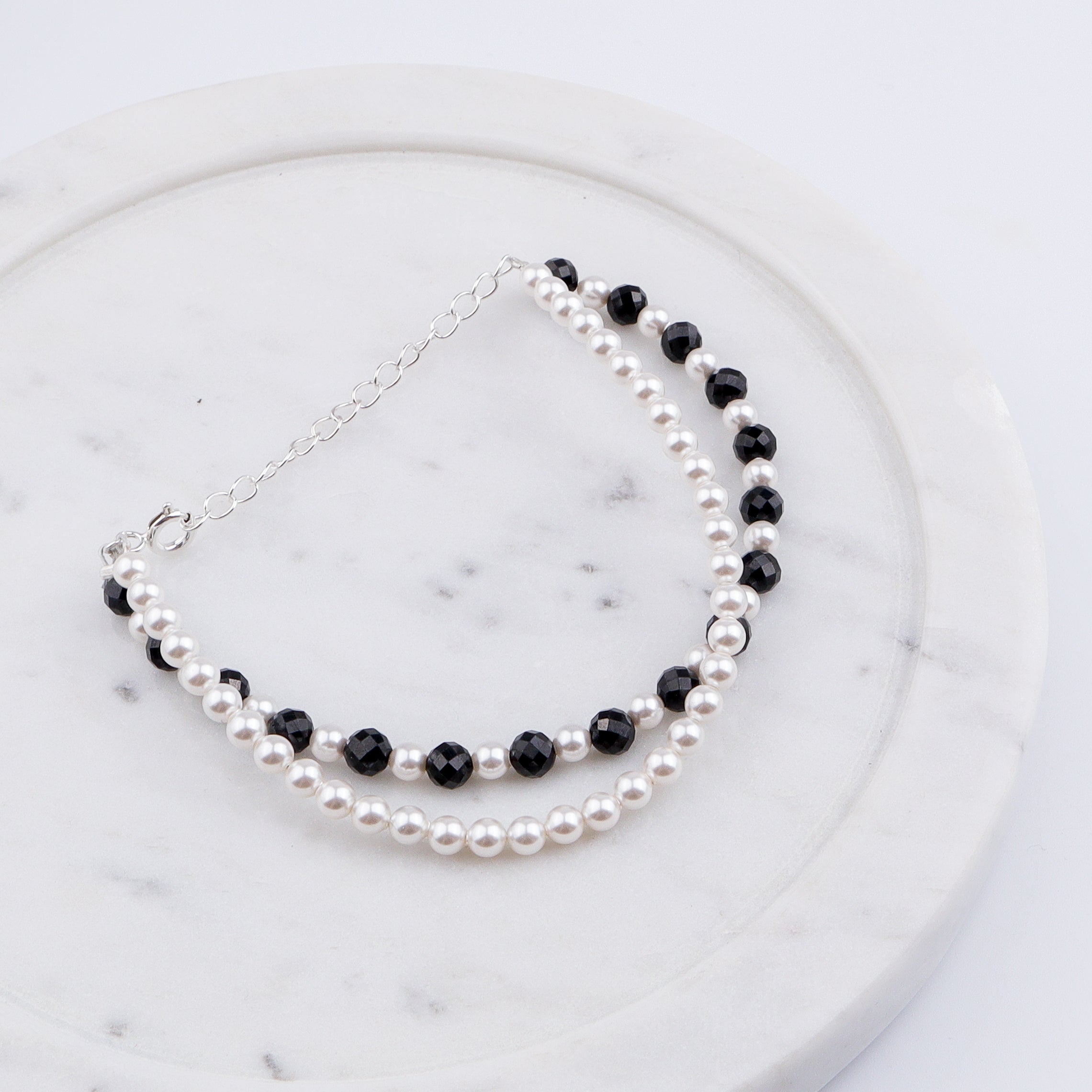 Silver Bracelet with Pearl & Black Spinel
