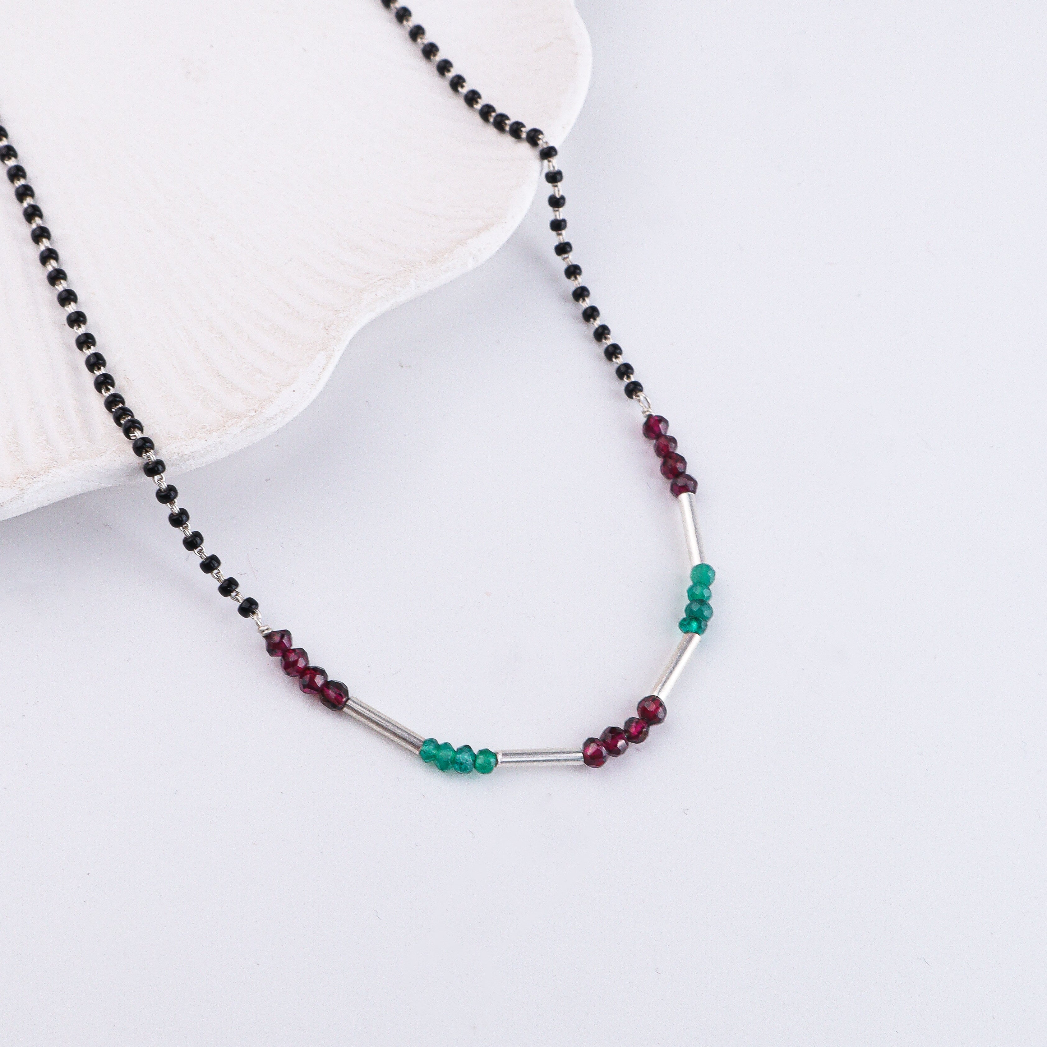 Green Onyx, Garnet & Pipe Silver Mangalsutra (Project Handmade)