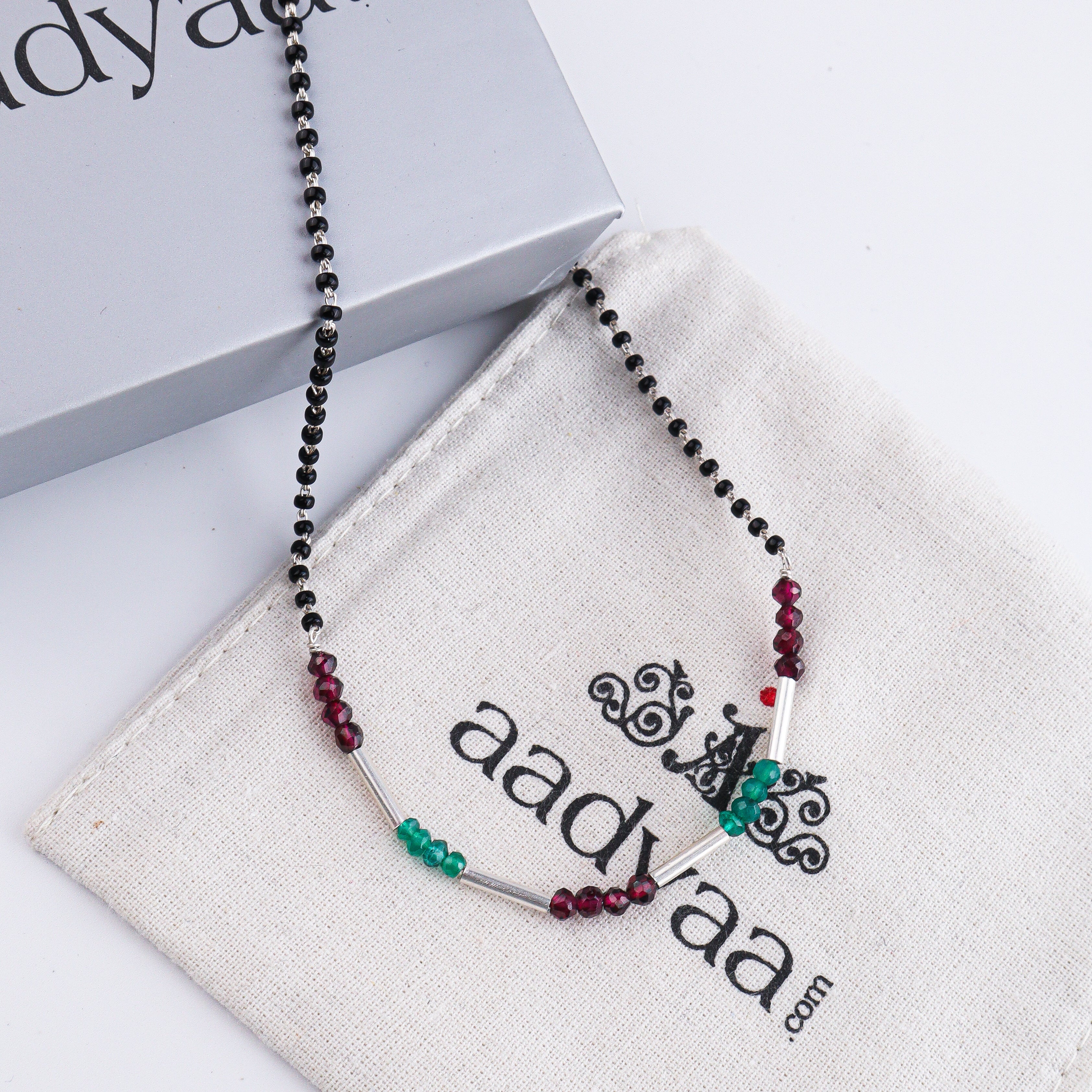 Green Onyx, Garnet & Pipe Silver Mangalsutra (Project Handmade)