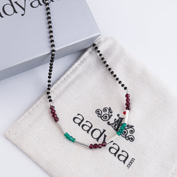 Green Onyx, Garnet & Pipe Silver Mangalsutra (Project Handmade)