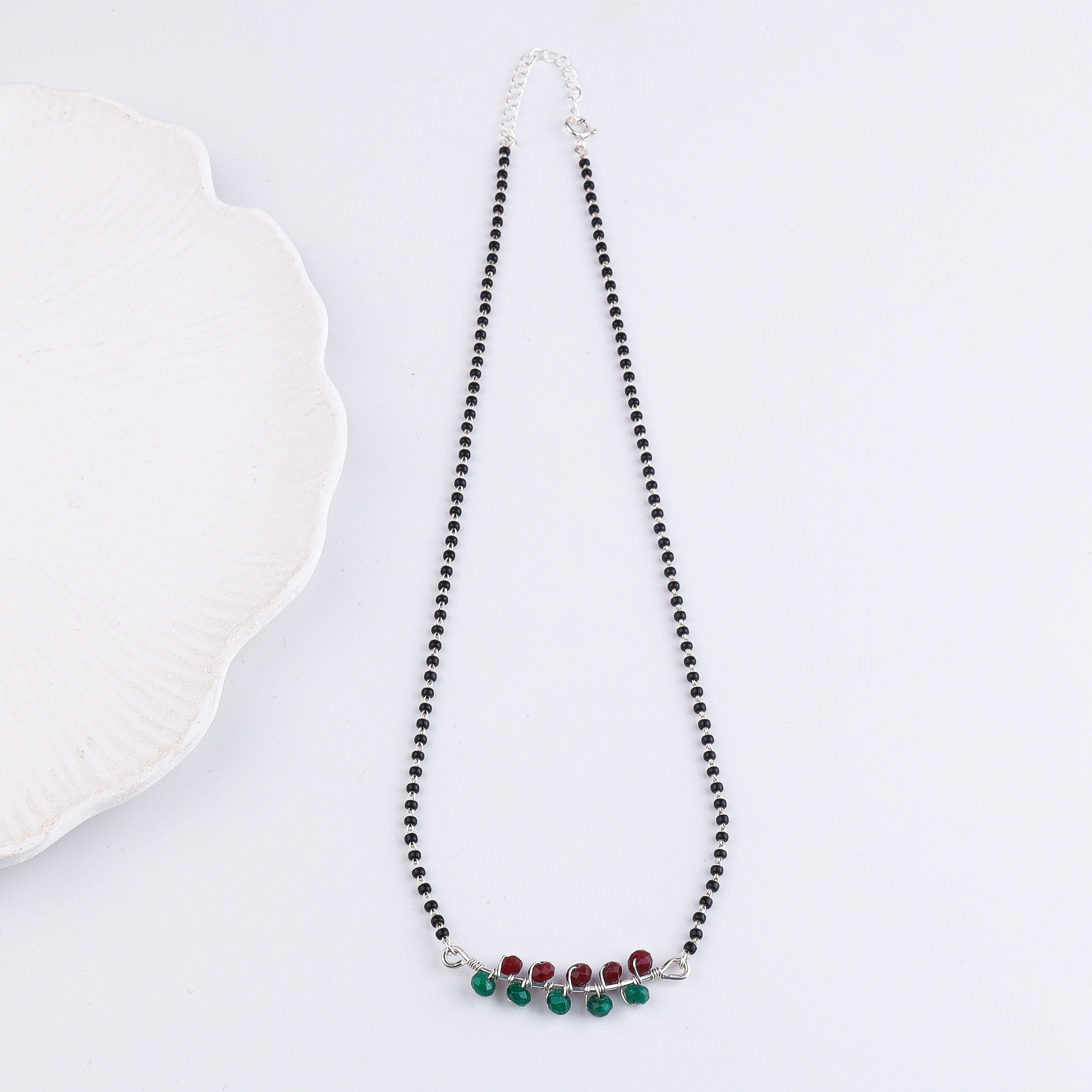 Green & Maroon Jade Wrapped Silver Mangalsutra (Project Handmade)