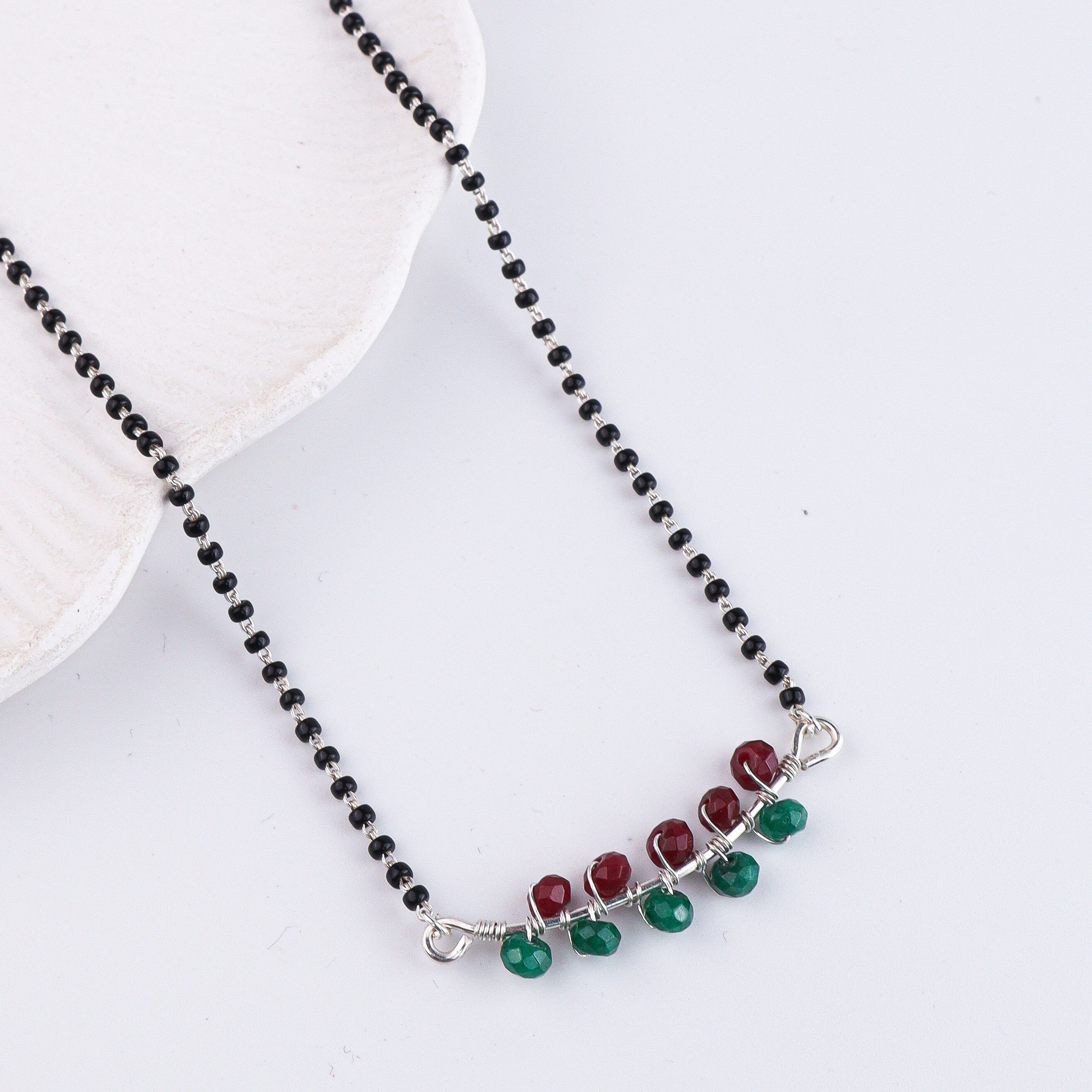 Green & Maroon Jade Wrapped Silver Mangalsutra (Project Handmade)