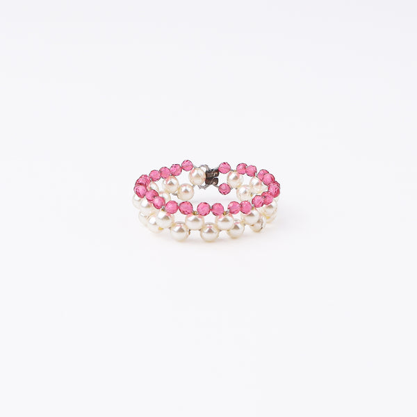 Silver Pearls Ring with Ruby Stones