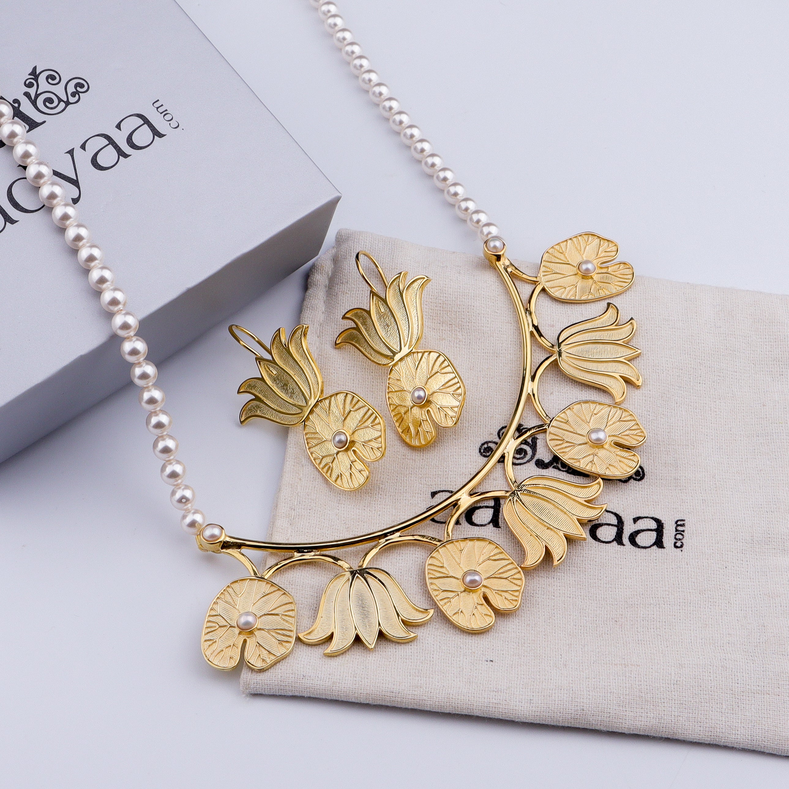 Abstract Lotus & Pearl Set | 22K Gold Plated | 92.5 Silver