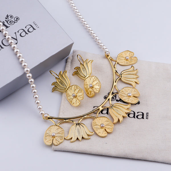 Abstract Lotus & Pearl Set | 22K Gold Plated | 92.5 Silver
