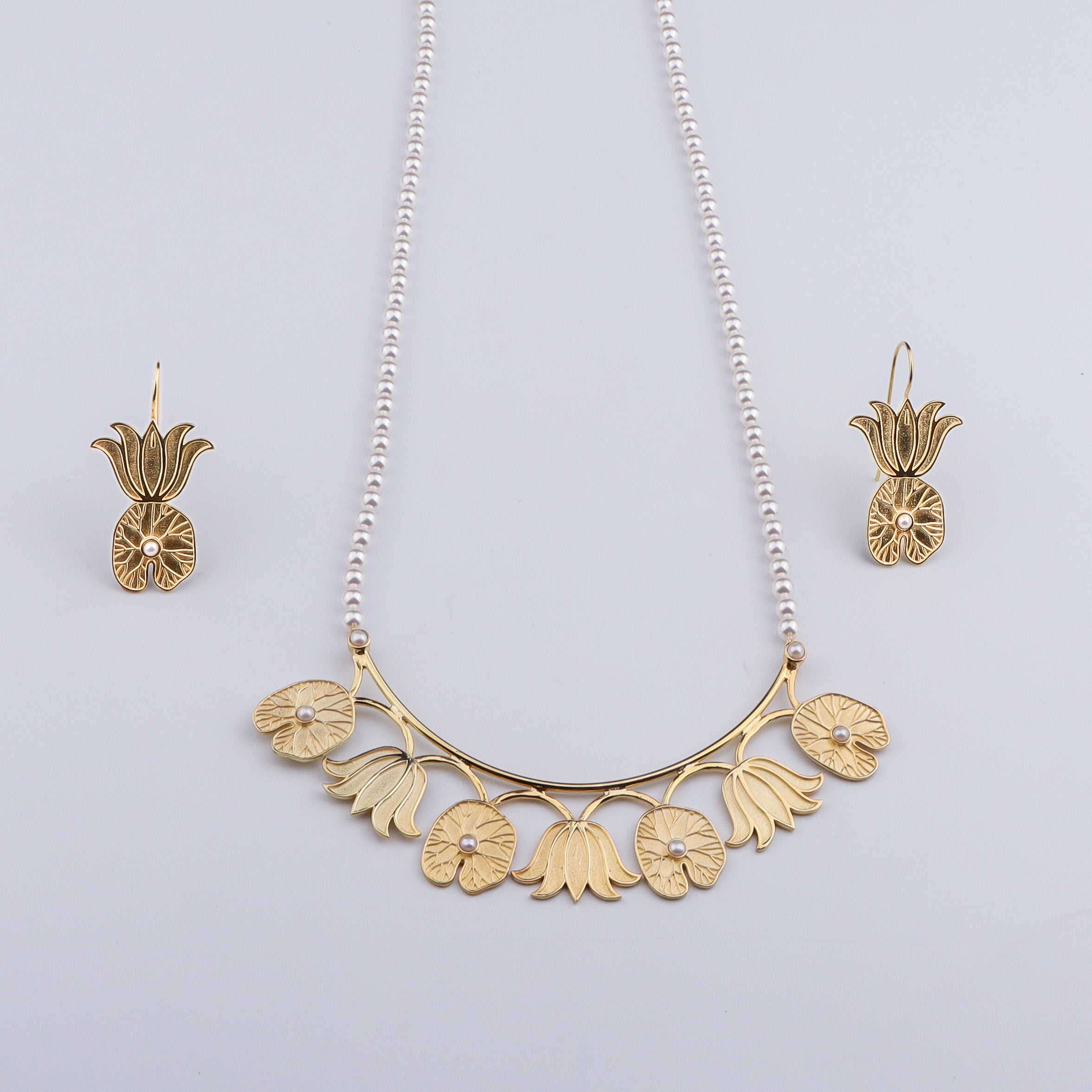 Abstract Lotus & Pearl Set | 22K Gold Plated | 92.5 Silver
