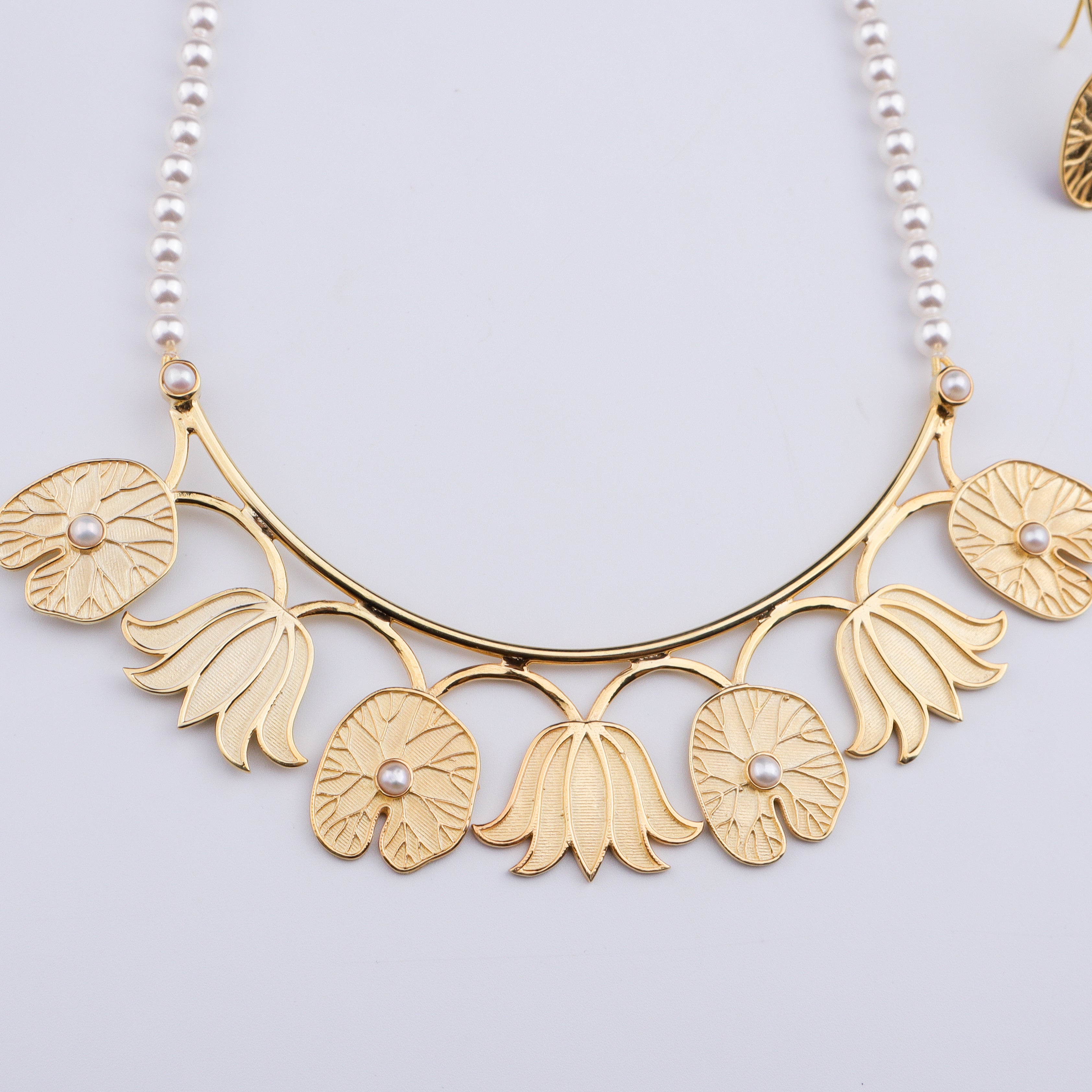 Abstract Lotus & Pearl Set | 22K Gold Plated | 92.5 Silver