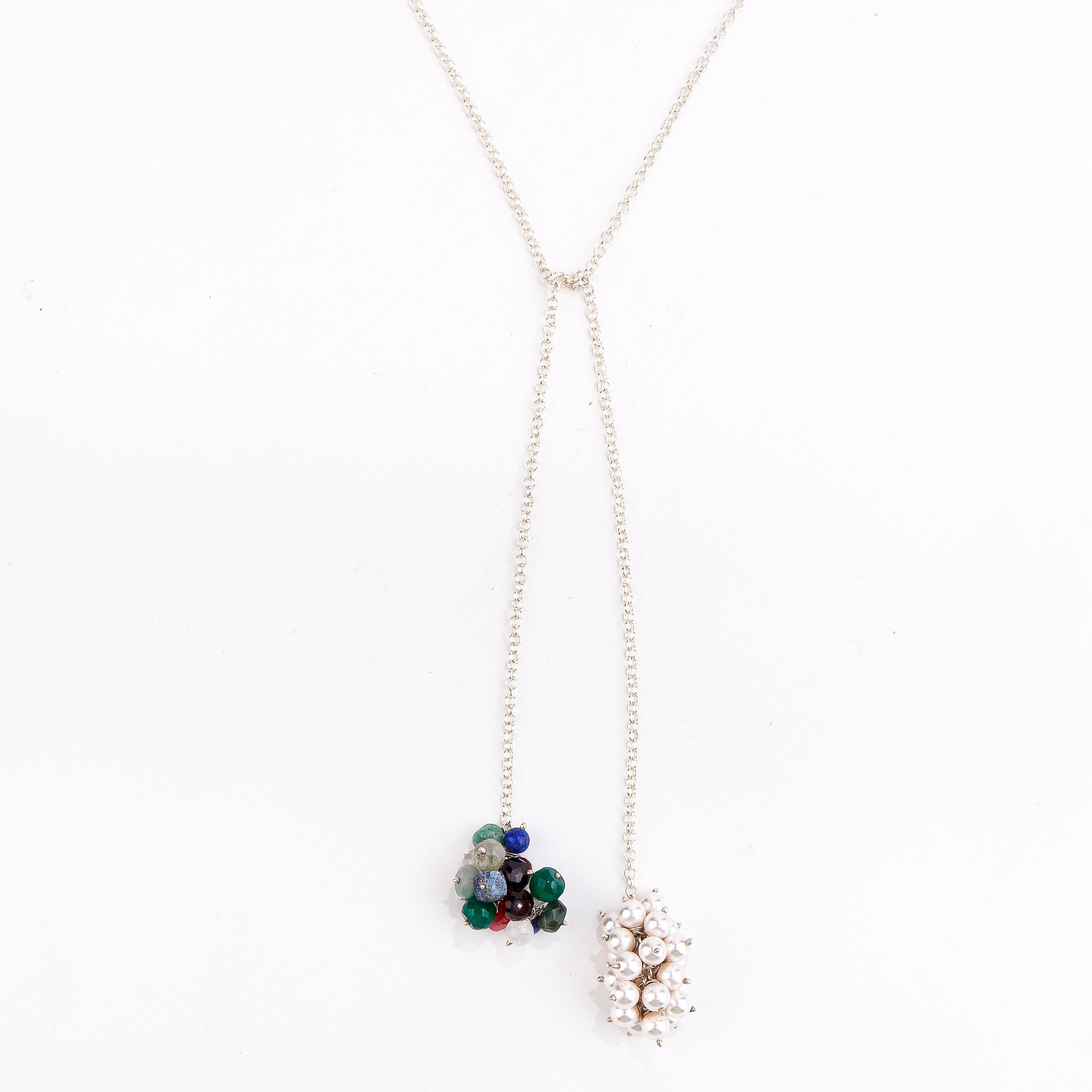 Silver Tie & Wear Necklace with Pearls and Semi Precious Stones