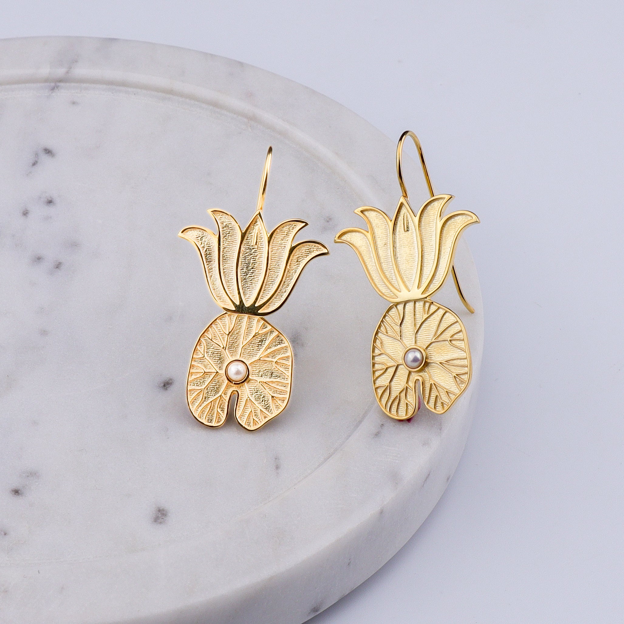 Abstract Lotus & Pearl Set | 22K Gold Plated | 92.5 Silver